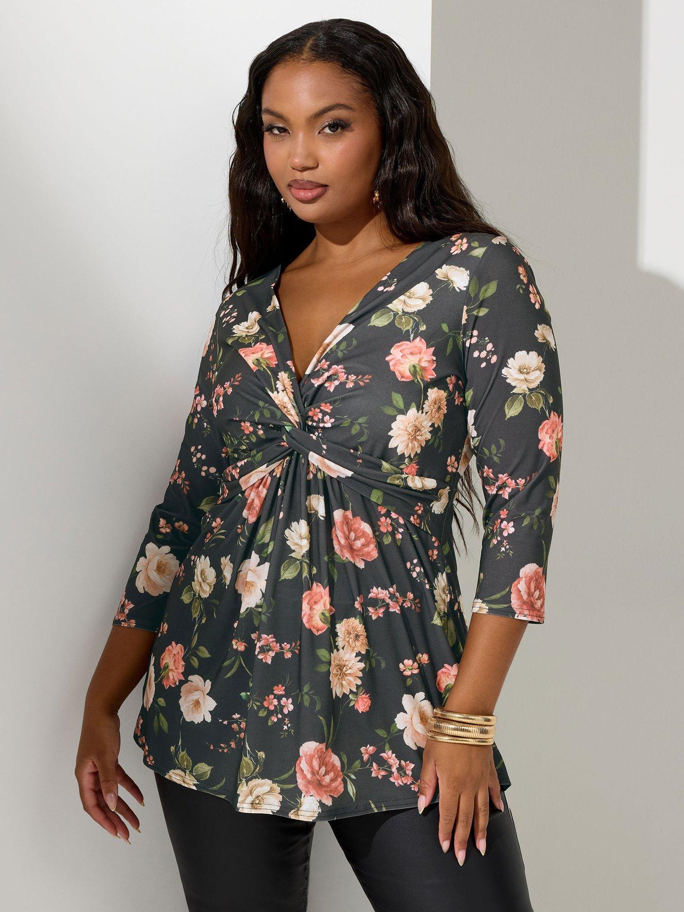 Yours Curve Floral Knot Front Top - Black