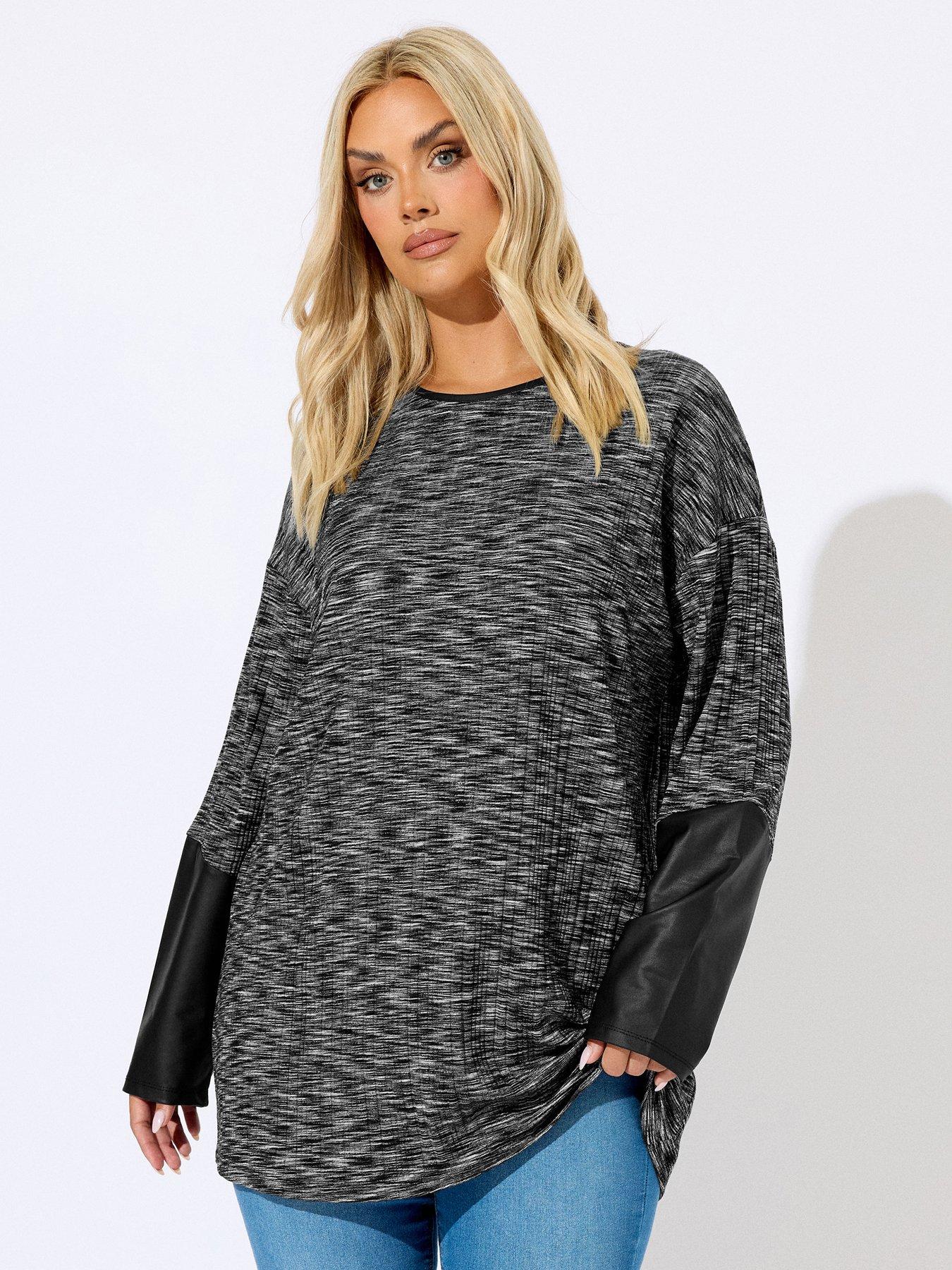 Yours Curve Faux Leather Detailed Top - Grey