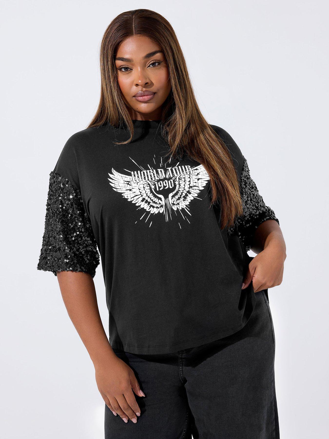 yours-curve-sequin-sleeve-graphic-t-shirt-black