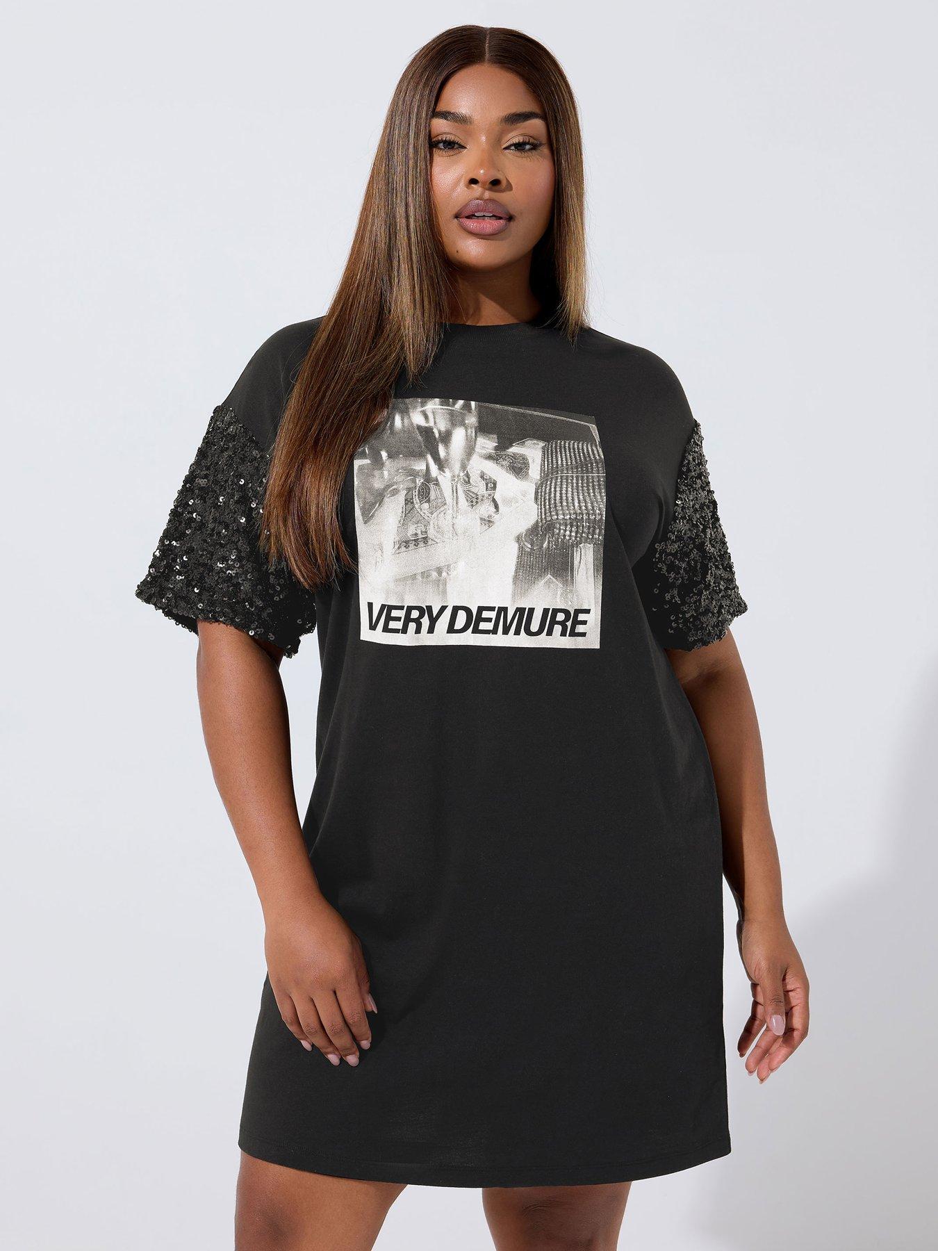 yours-curve-sequin-sleeve-graphic-dress-black