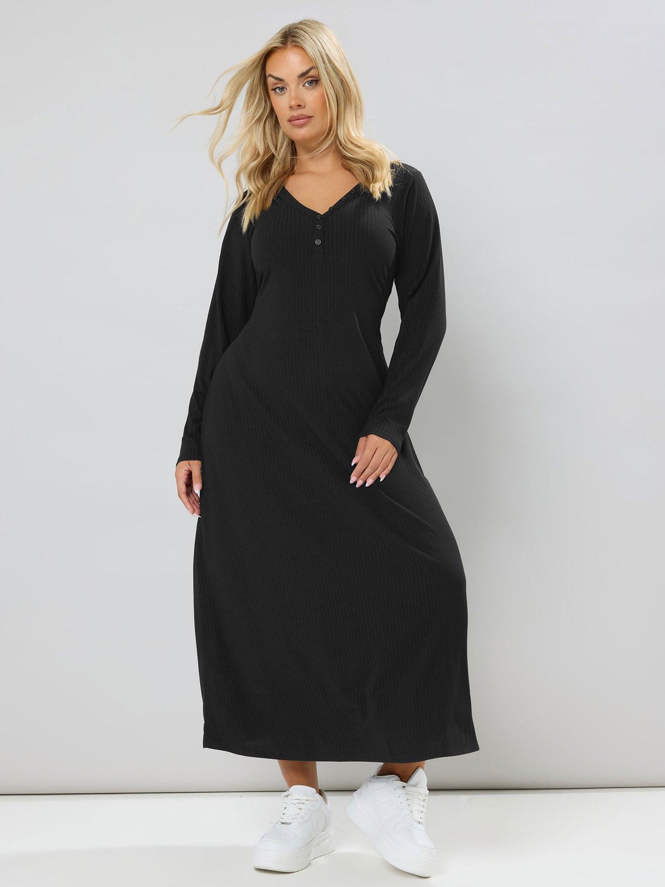 Image 1 of 4 of Yours Curve Henley Rib Swing Maxi Dress - Black