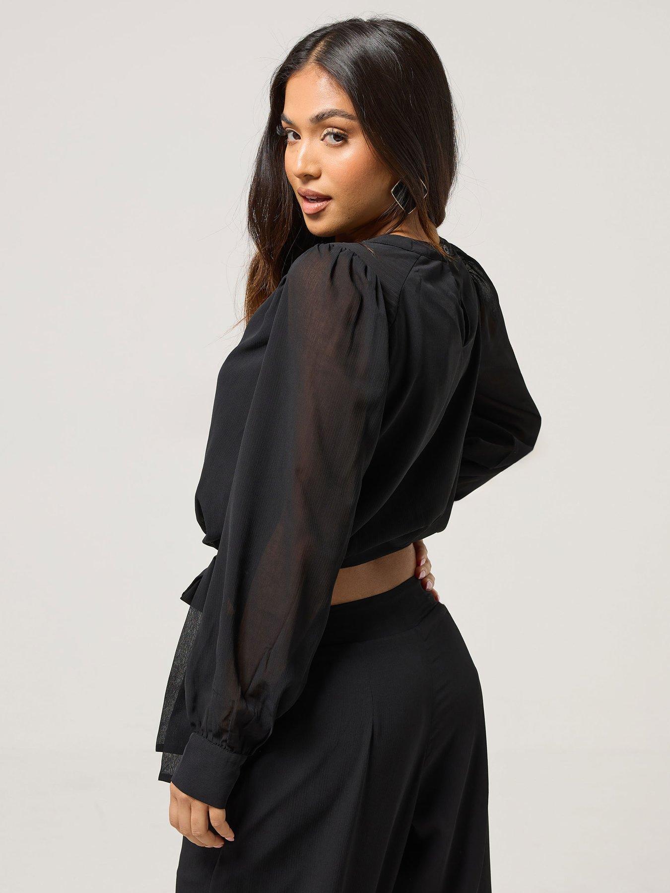 pixiegirl-petite-chiffon-long-sleeve-side-tie-top-blackstillFront