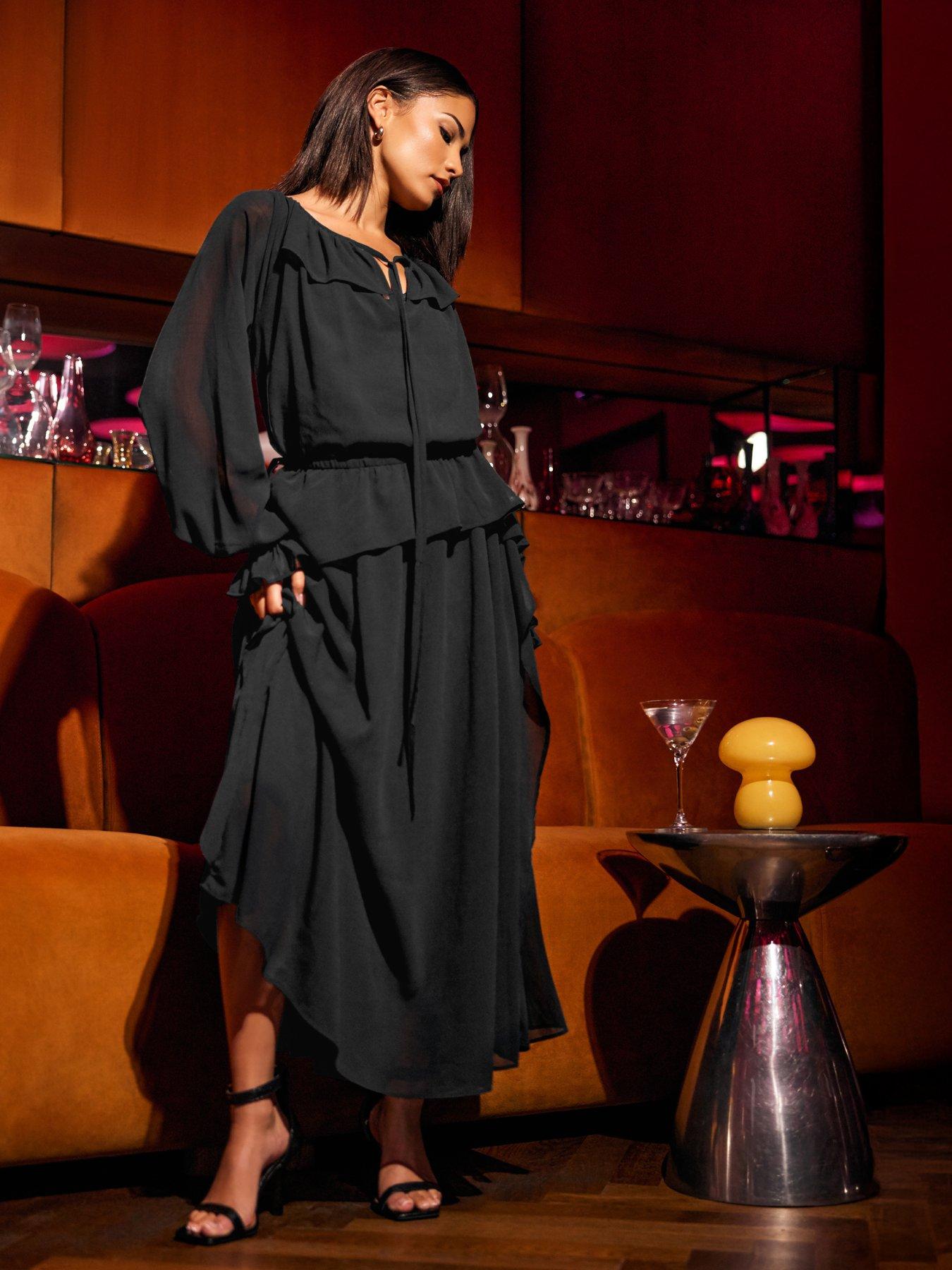 PixieGirl Petite Frill Tie Waist Dress - Black