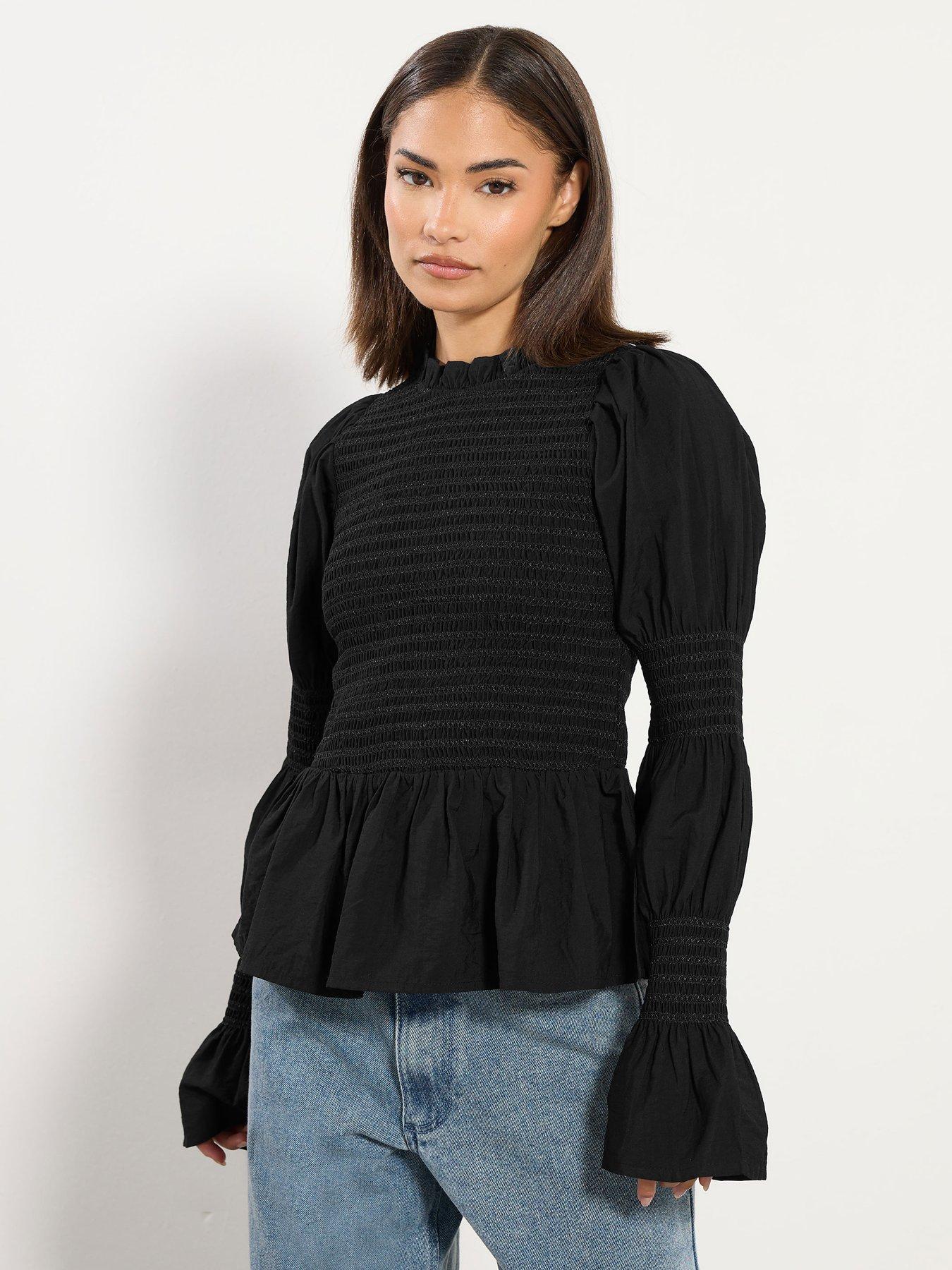 pixiegirl-petite-long-sleeve-shirred-top-black