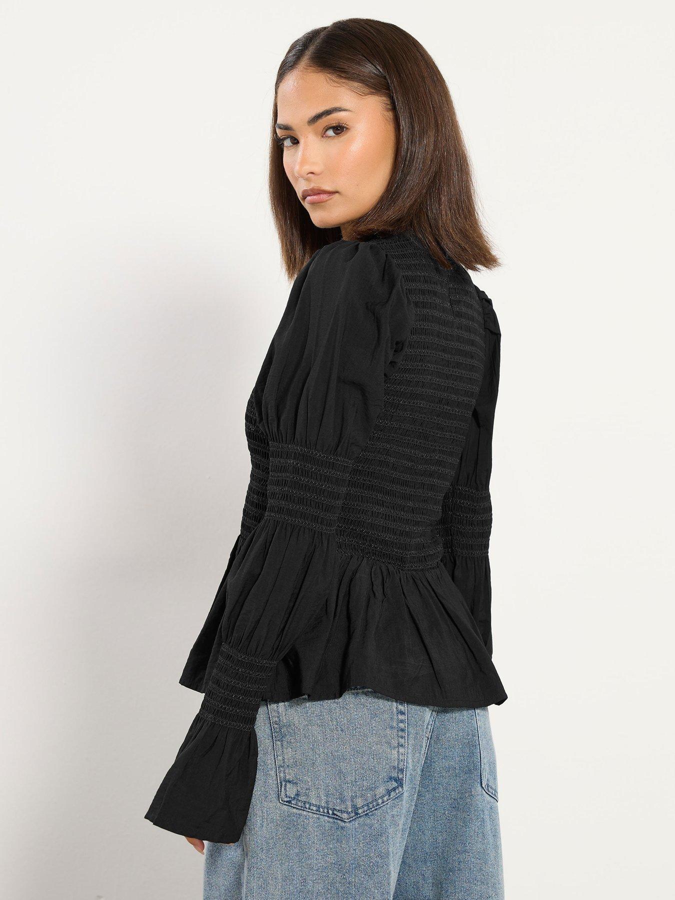 pixiegirl-petite-long-sleeve-shirred-top-blackstillFront
