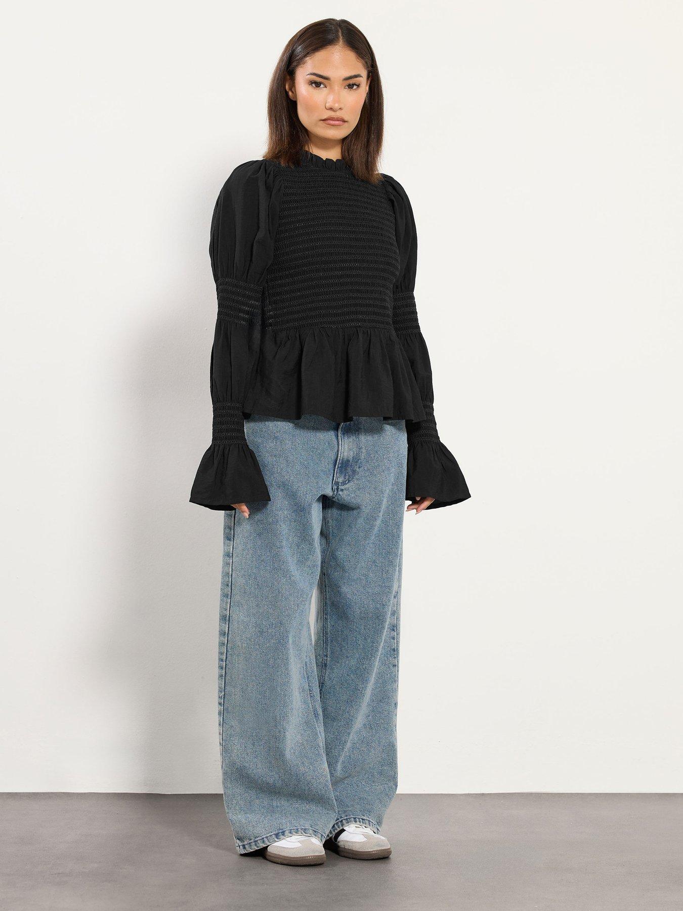 pixiegirl-petite-long-sleeve-shirred-top-blackback