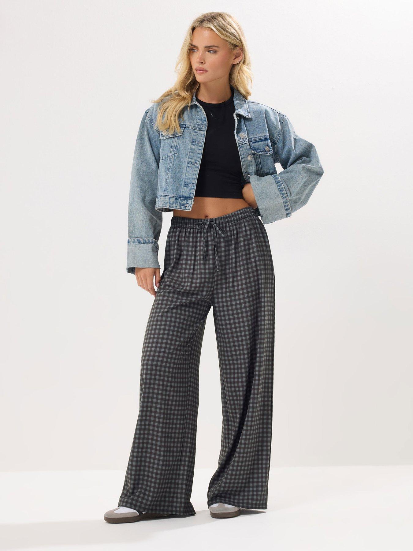pixiegirl-petite-crinkle-gingham-wide-leg-trouser-grey