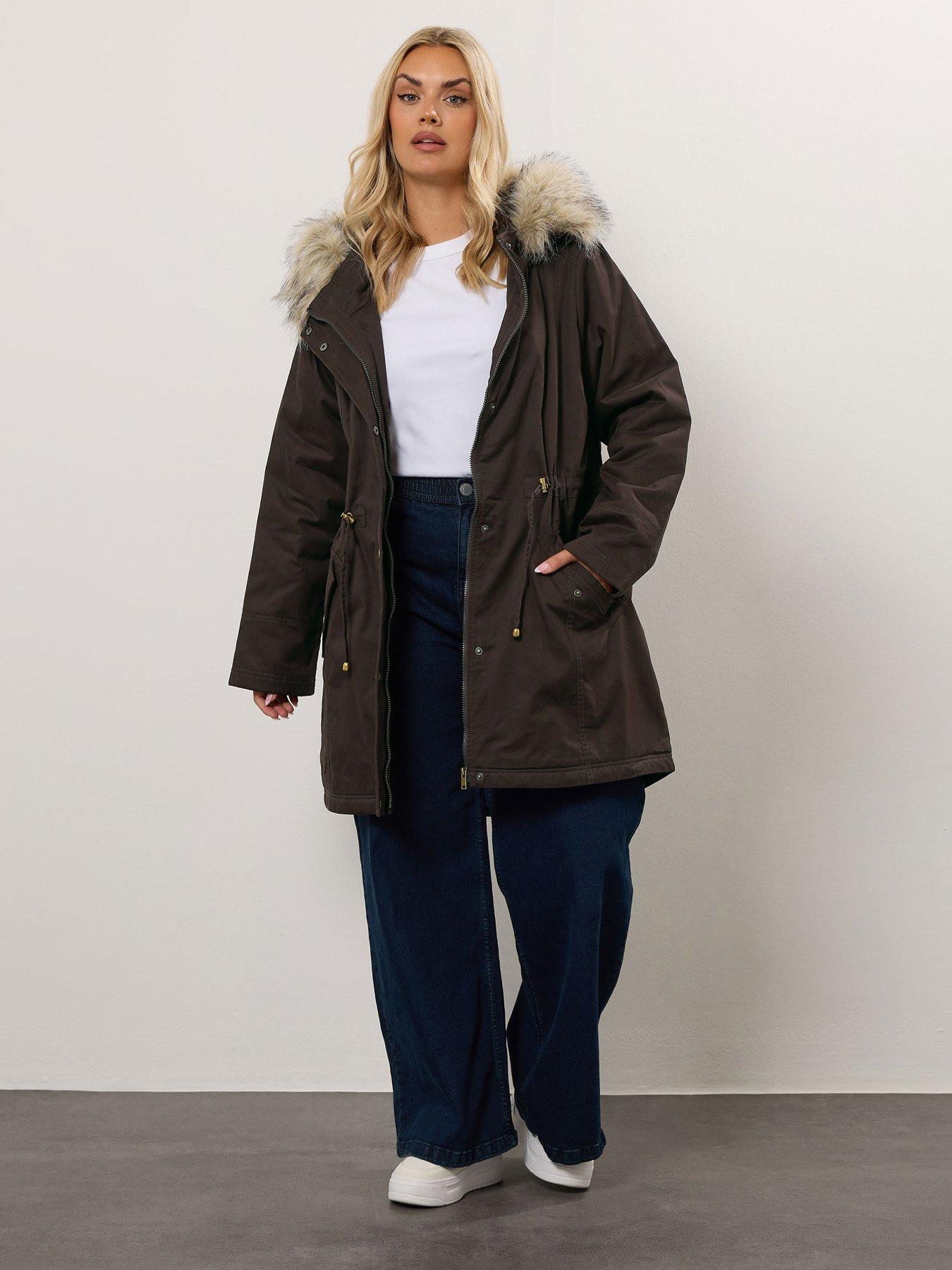 Image 3 of 6 of Yours Curve Fur Trim Parka - Brown