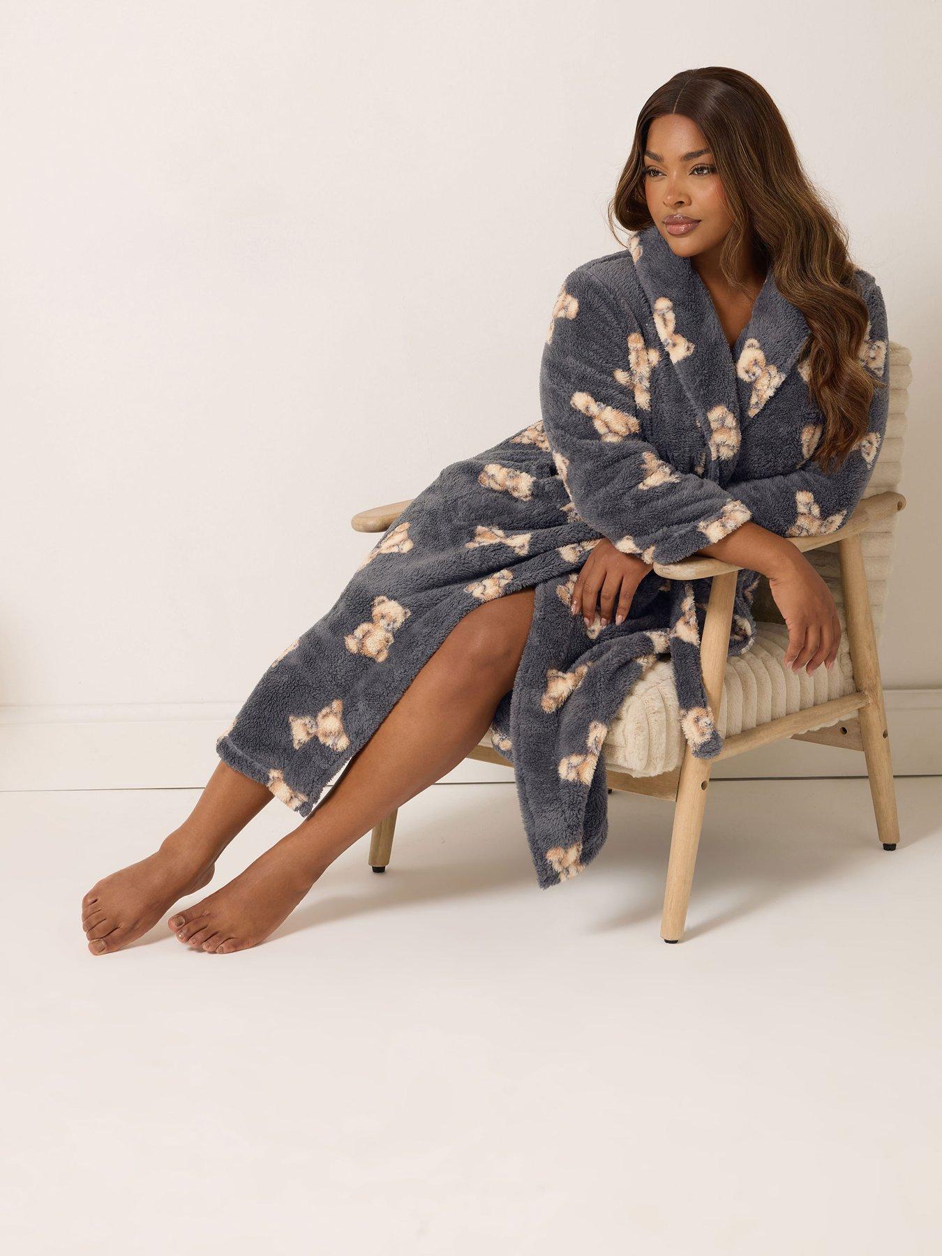 Image 3 of 4 of Yours Curve Fluffy Teddy Shawl Collar Robe - Grey