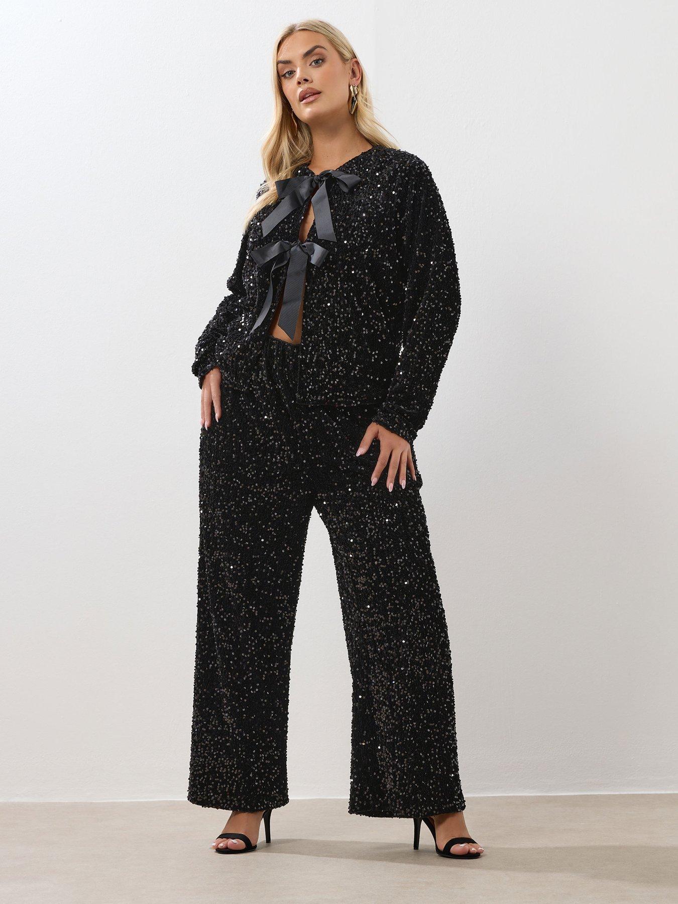 Yours Curve Sequin Wide Leg Trouser - Black