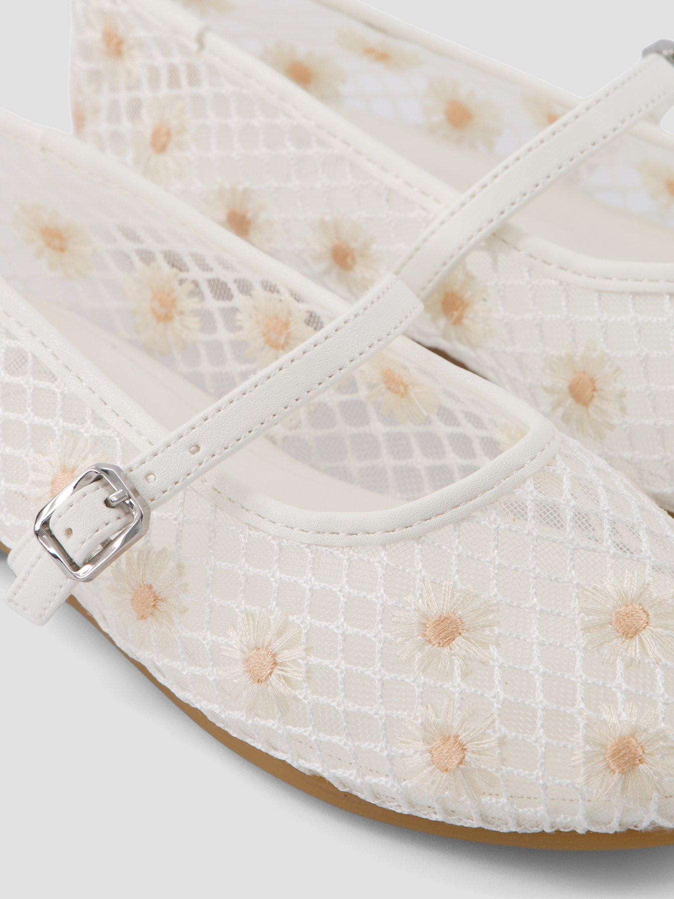 Image 5 of 7 of The Very Collection Embroidered Daisy Mesh Flats - White