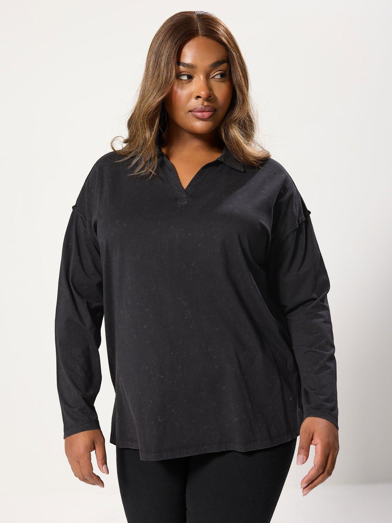 yours-curve-acid-wash-rugby-collar-top-grey