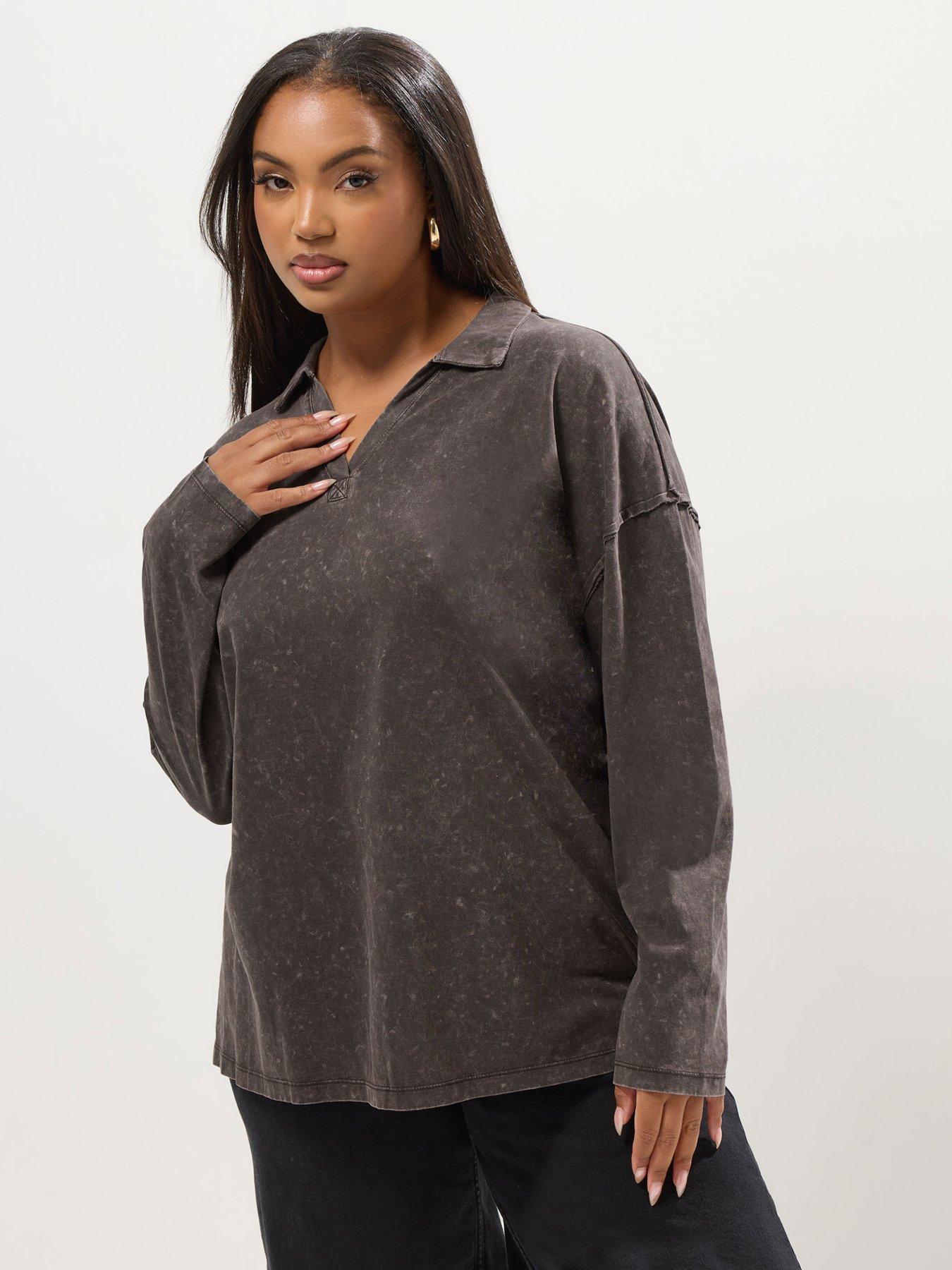 Yours Curve Acid Wash Rugby Collar Top - Brown