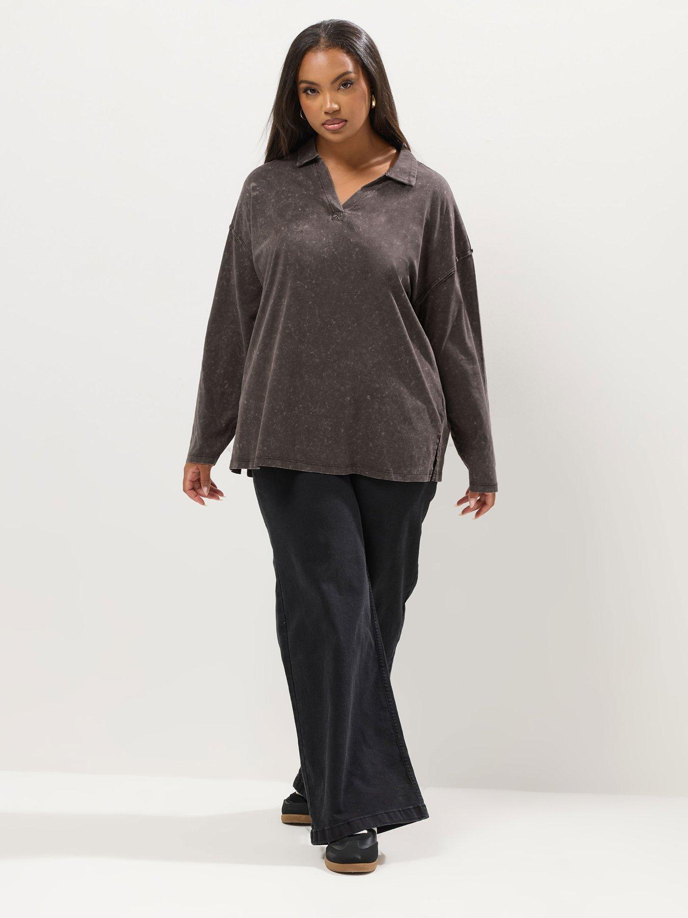 yours-curve-acid-wash-rugby-collar-top-brownback