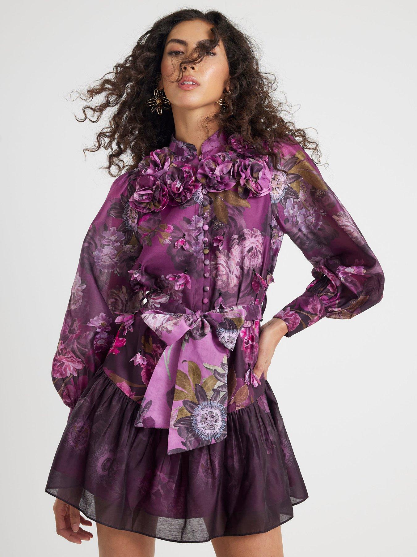 River Island 3D Floral Belted Dress - Purple