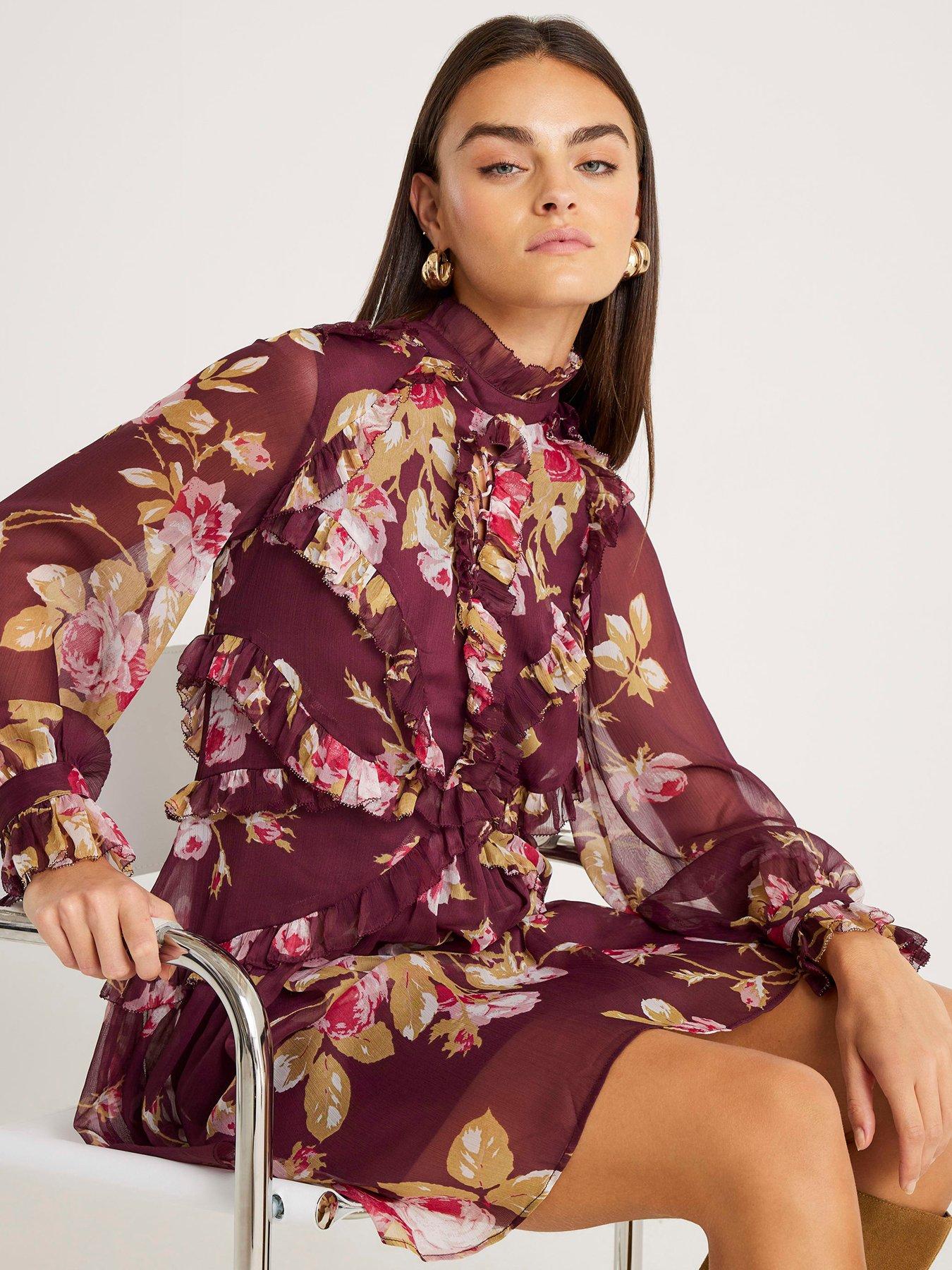 Long Sleeve Floral Chiffon Ruffle Dress - Red - RED - 8