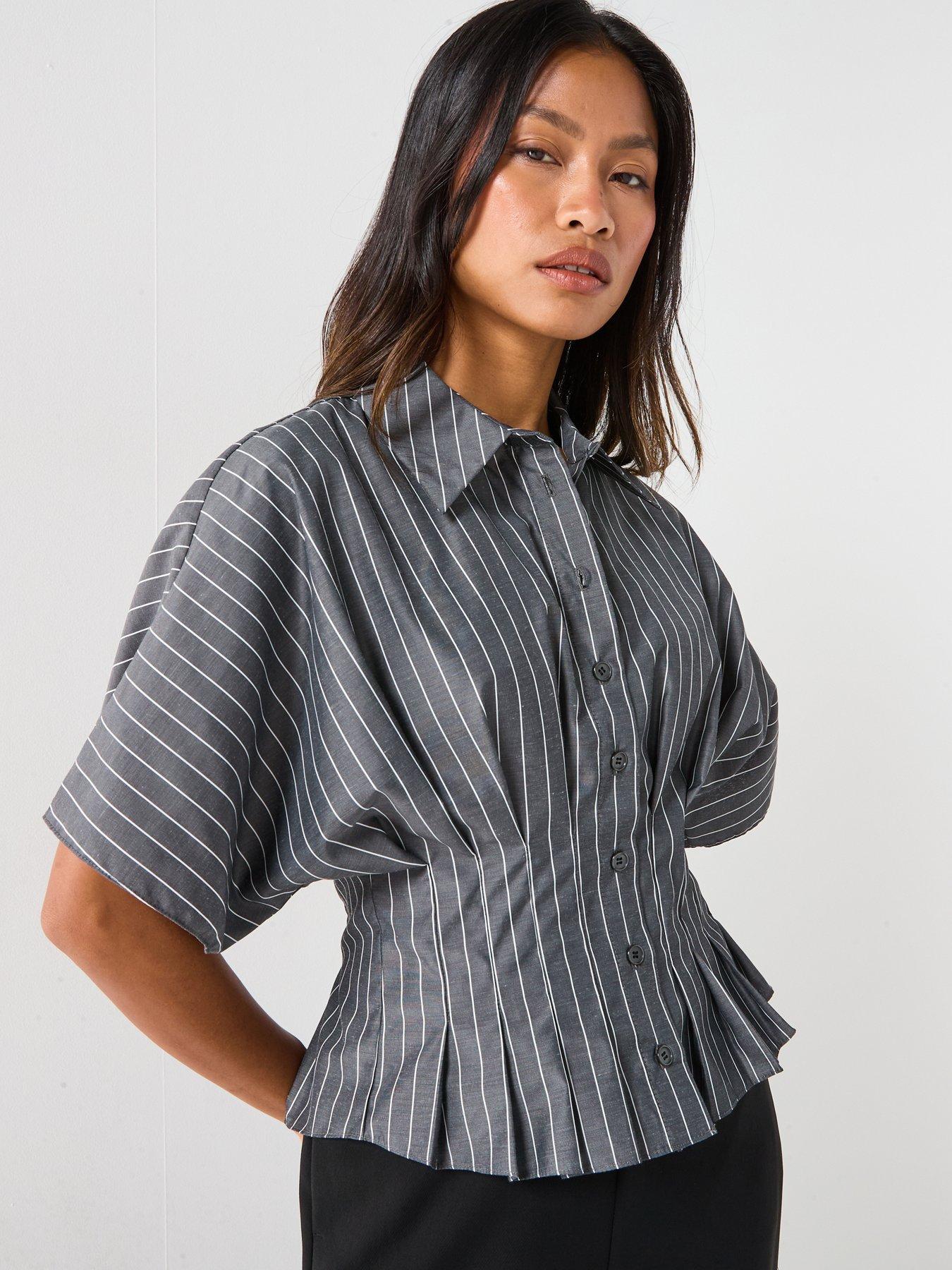 V by Very Pinstripe Pleated Detail Cinched Waist Shirt - Grey