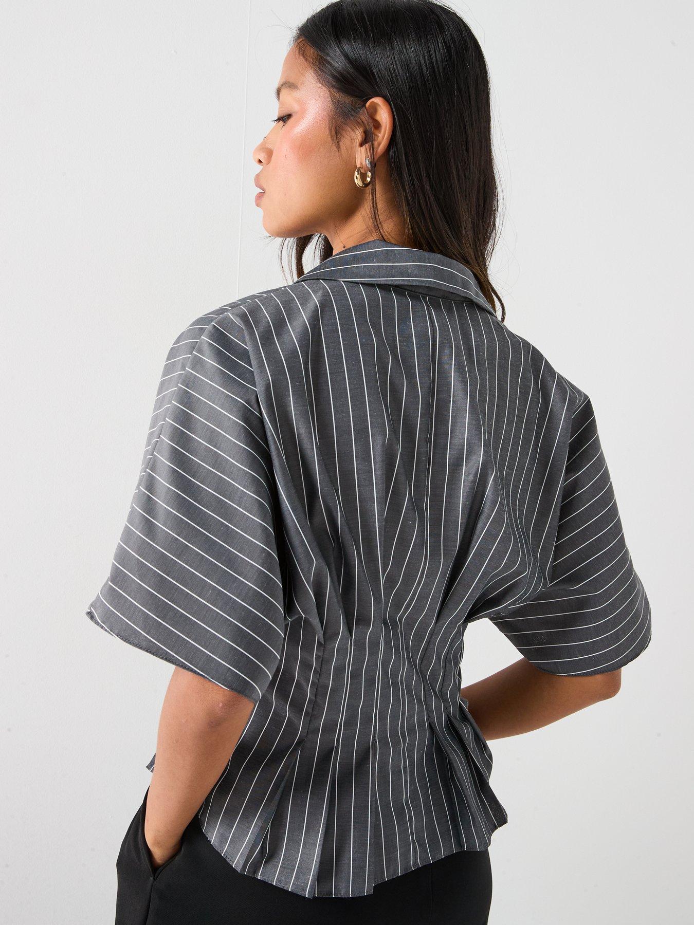 v-by-very-pinstripe-pleated-detail-cinched-waist-shirt-greystillFront