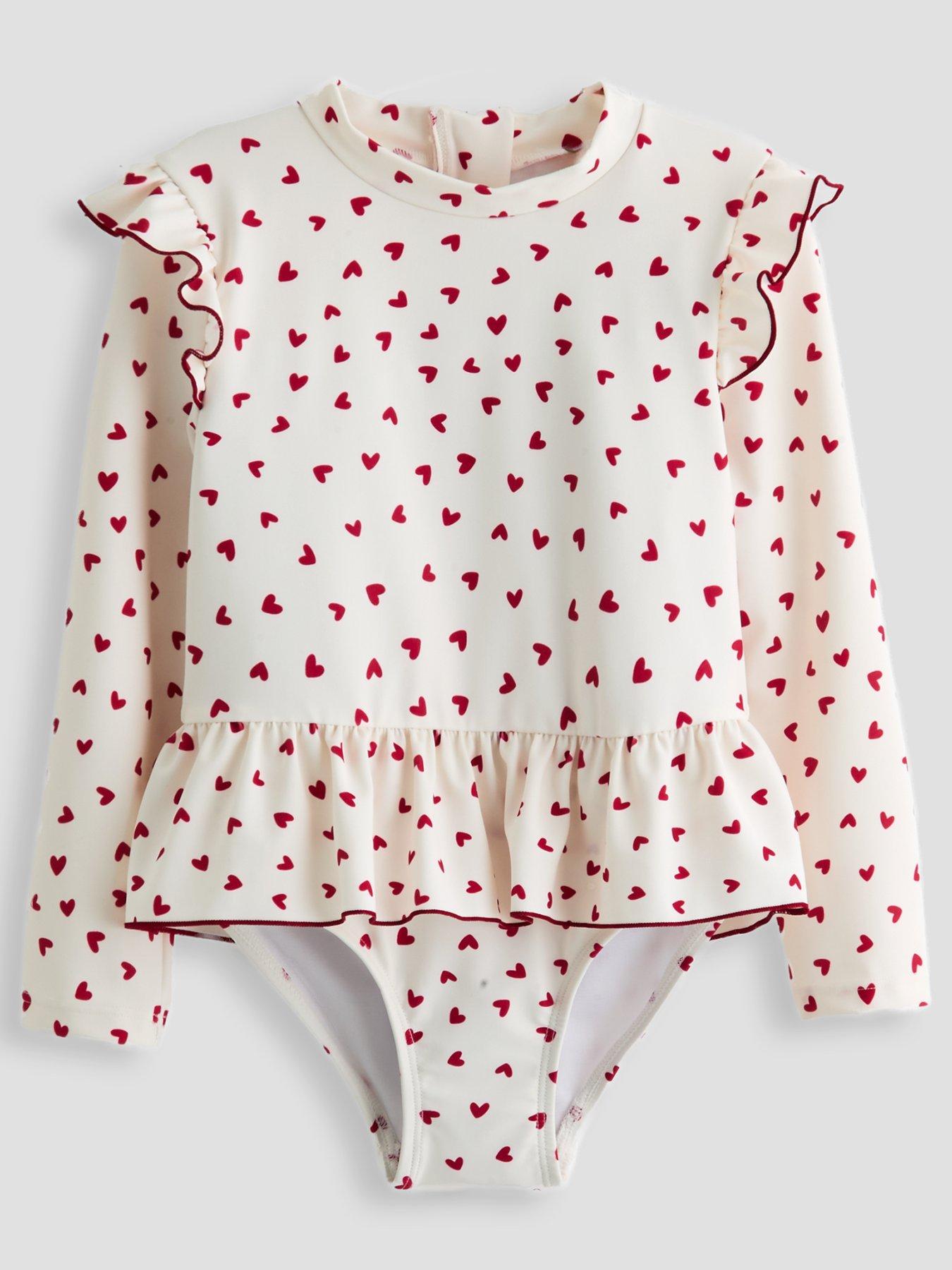 Image 1 of 5 of The Very Collection Toddler Girl Long Sleeve Heart Print Frill Swimsuit - Cream
