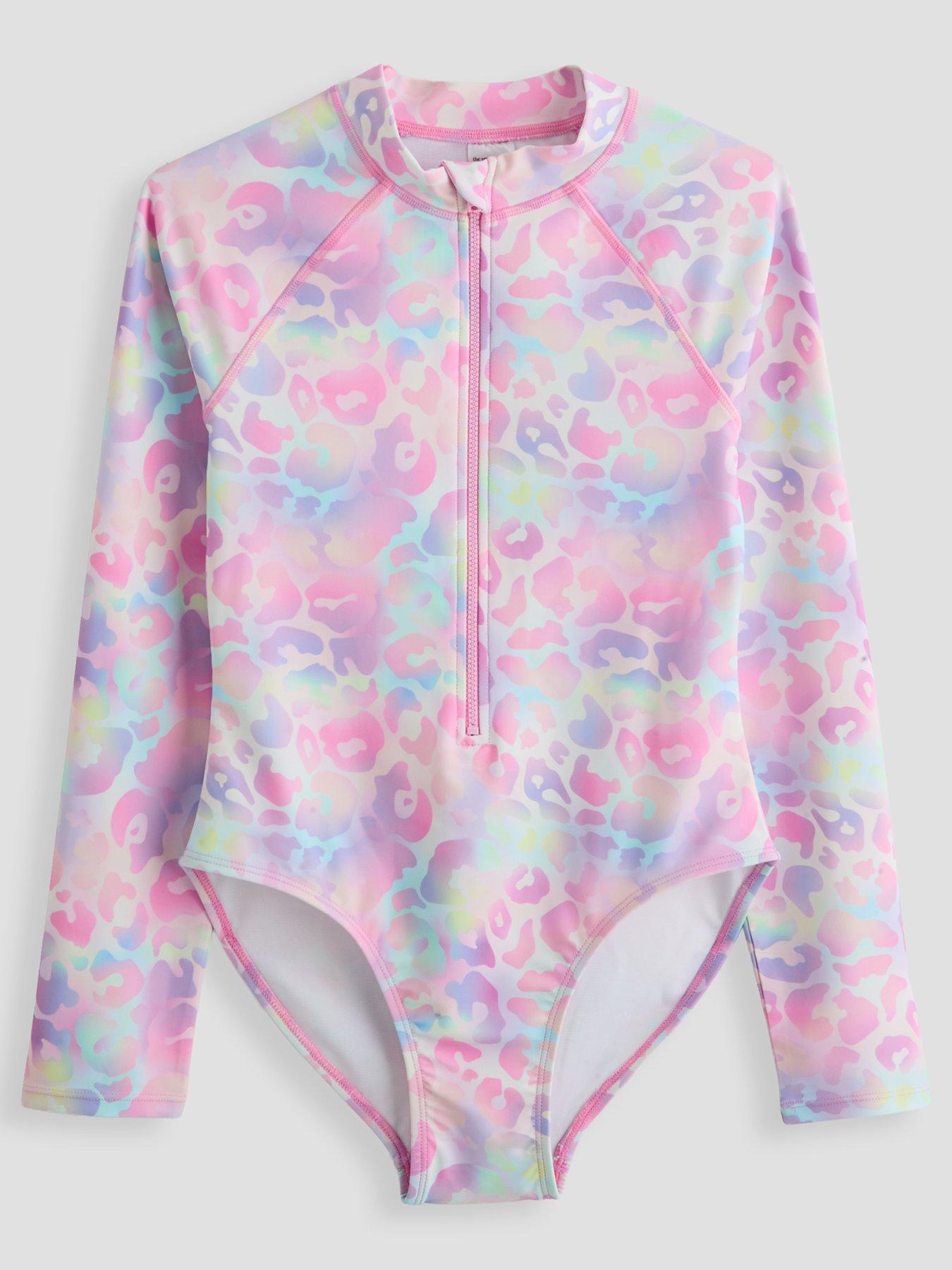 The Very Collection Girls Pastel Leopard Zip Up Long Sleeve Swim