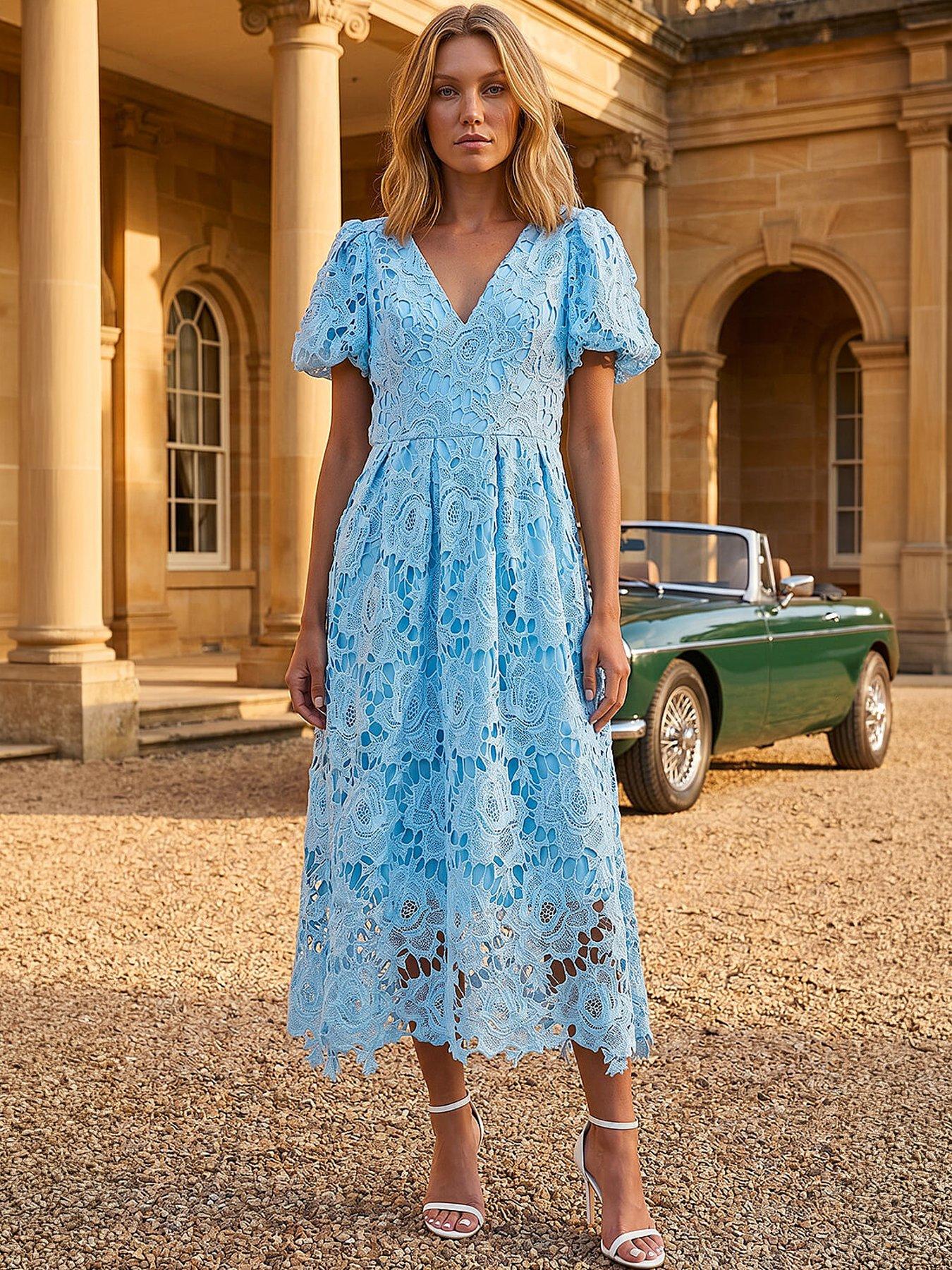 Roman Premium Crochet Lace Midi Dress - Blue