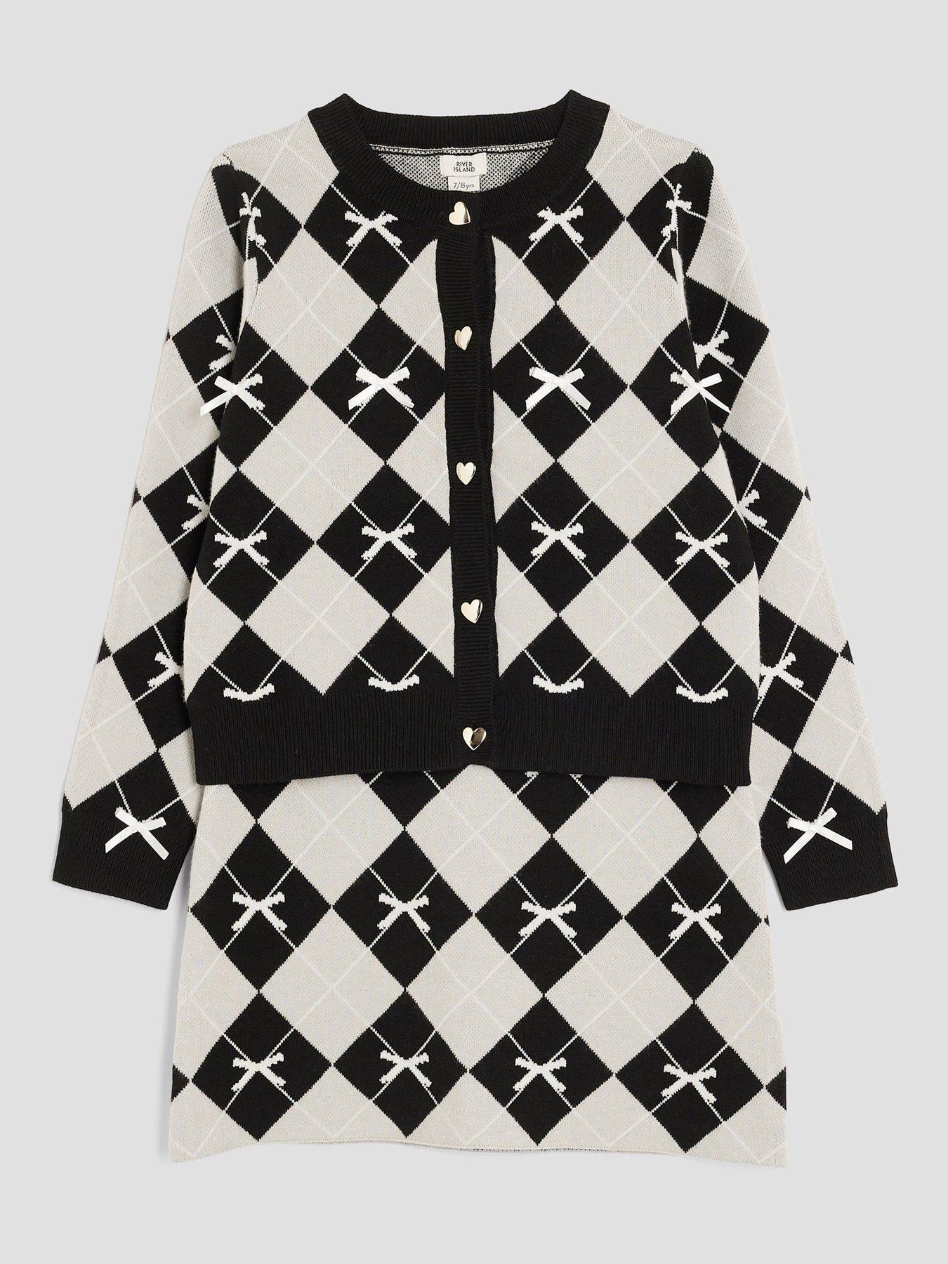 river-island-older-girls-argyle-print-bow-cardigan-set-blackoutfit