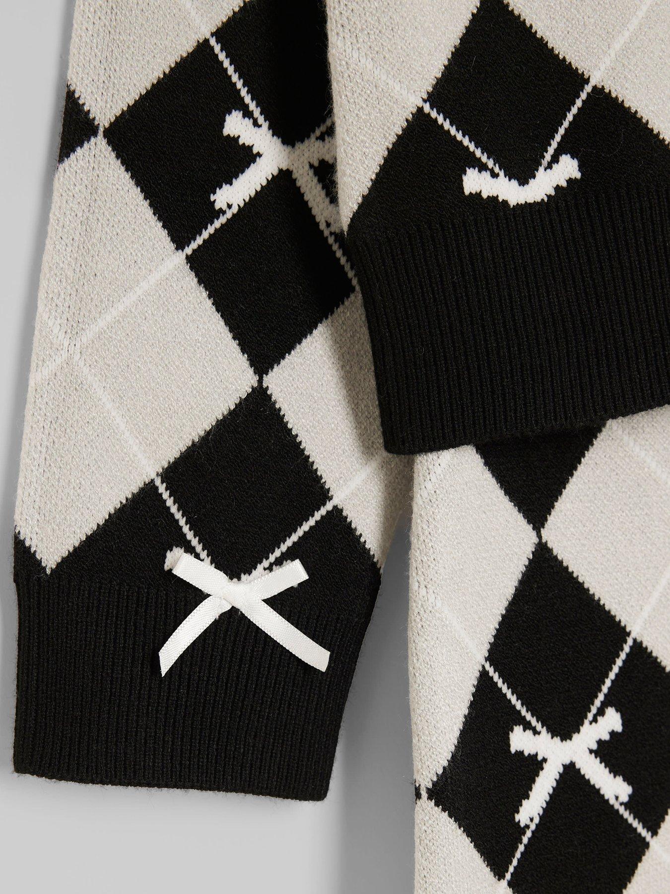river-island-older-girls-argyle-print-bow-cardigan-set-blackdetail