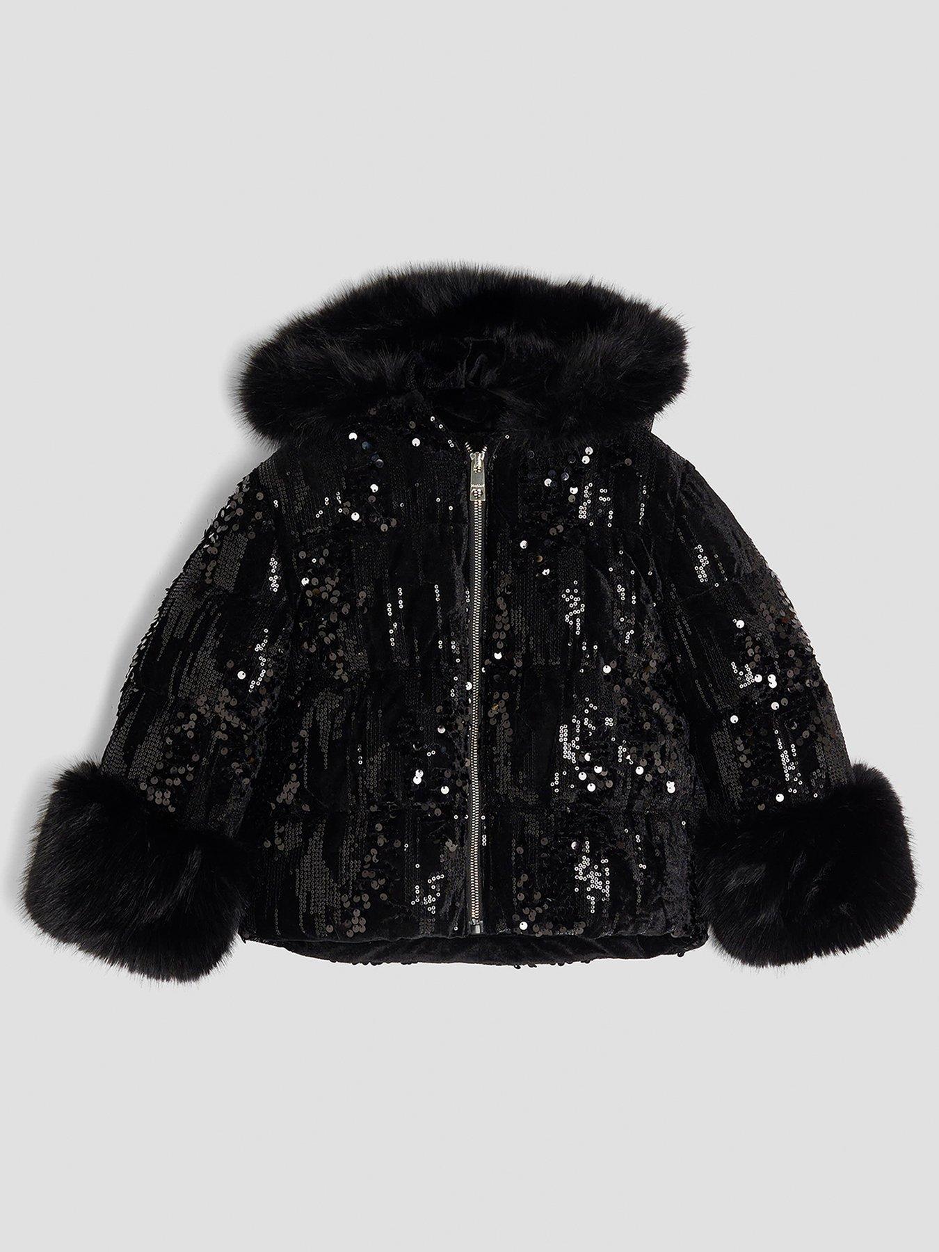 River Island Older Girls Sequin Hooded Puffer Coat - Black