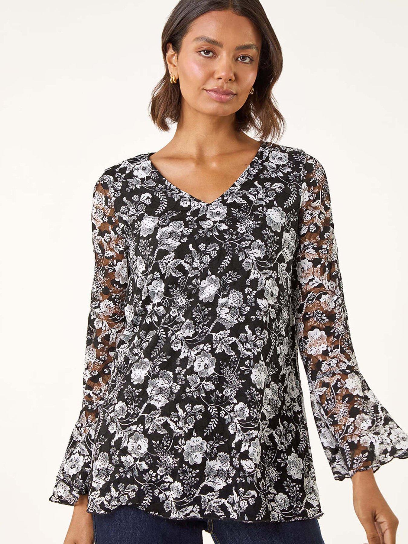 roman-floral-print-v-neck-top-black