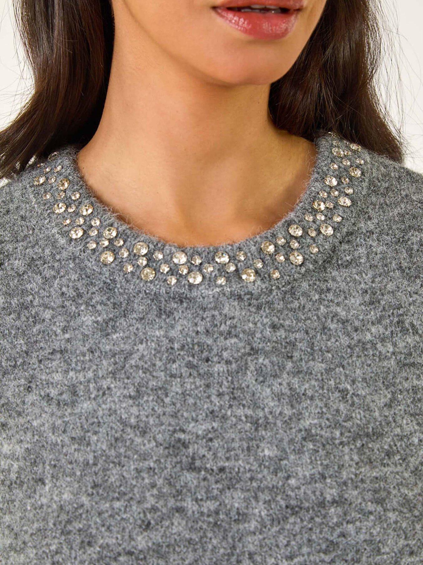 Image 5 of 5 of Roman Dusk Diamante Jewelled Knit Jumper - Grey