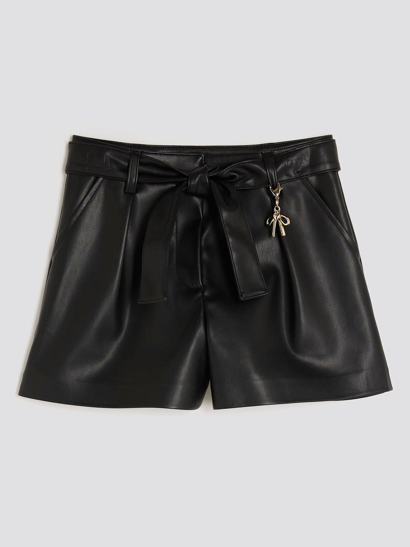 river-island-older-girls-faux-leather-belted-bow-charm-shorts-black