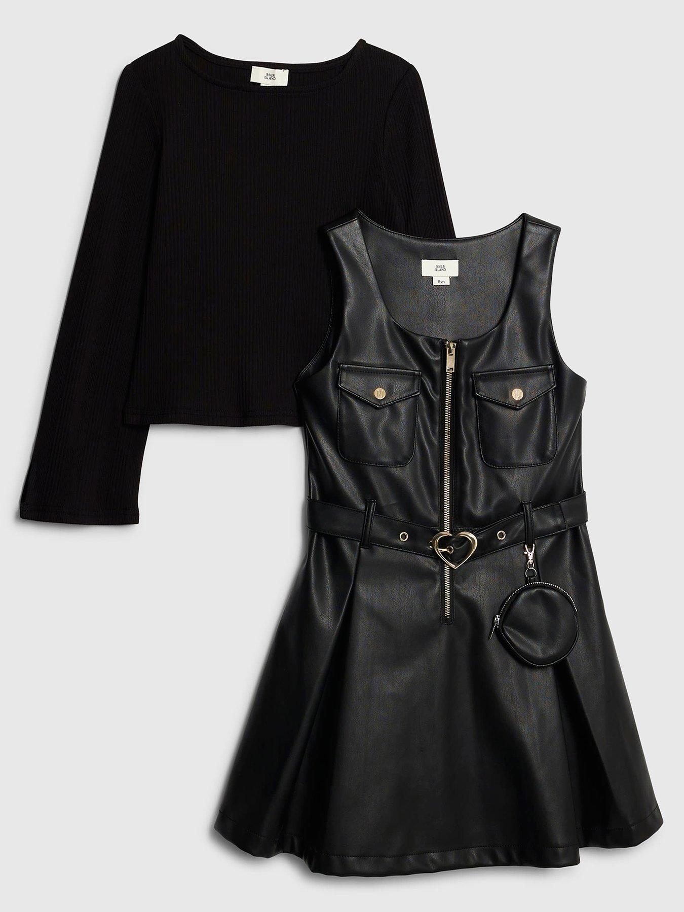 River Island Older Girls Faux Leather Pinafore Dress Set - Black