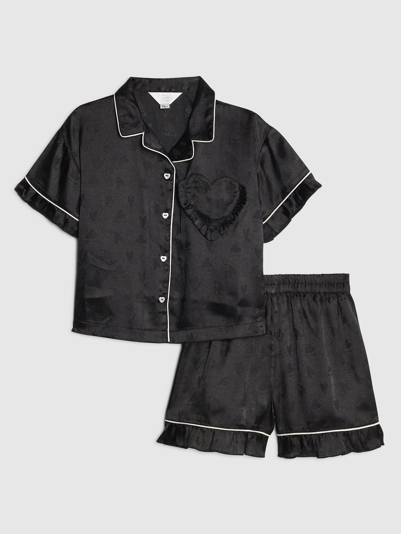 Image 1 of 5 of River Island Older Girls Satin Heart Pyjama Set - Black