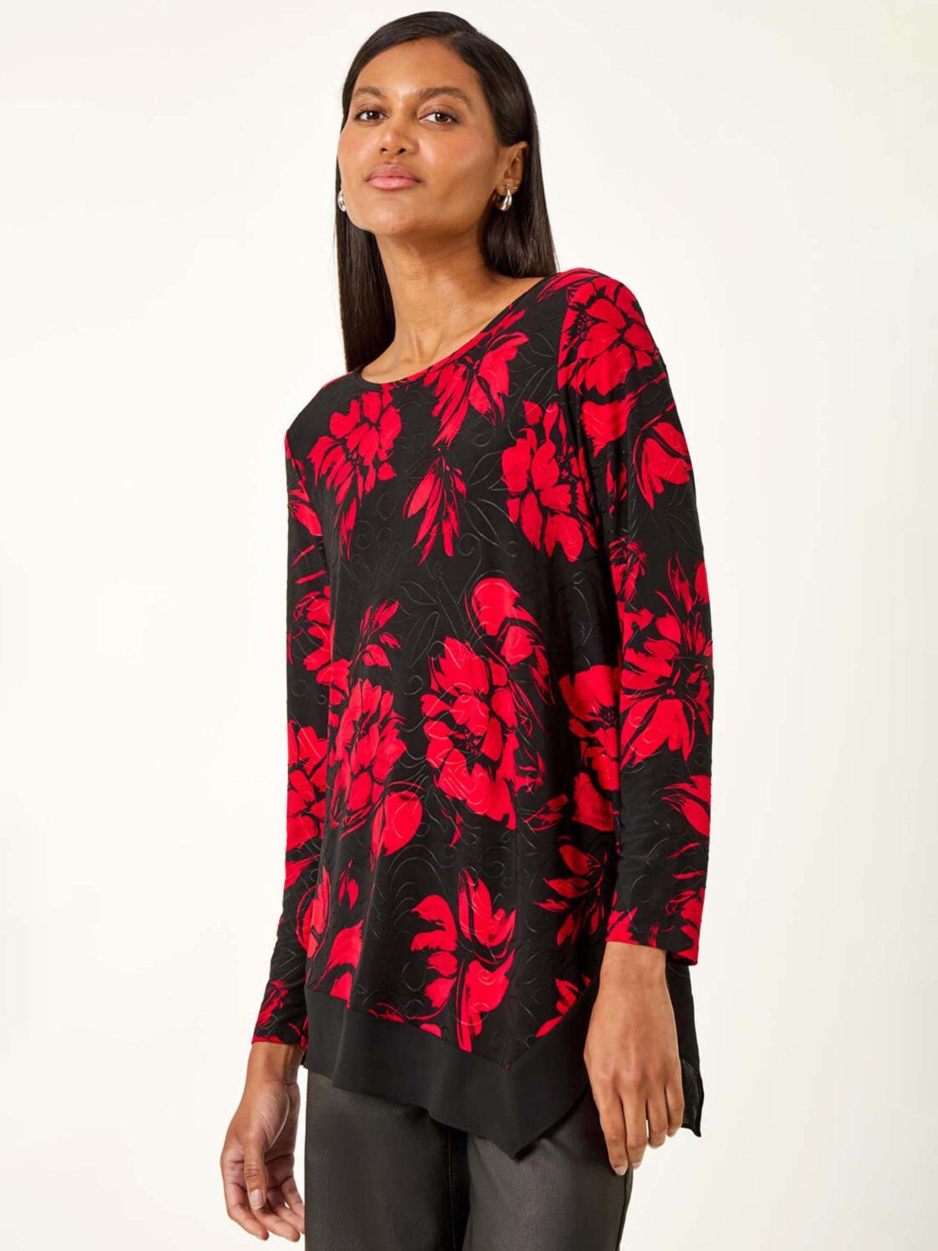 roman-floral-jacquard-chiffon-hem-top-redfront