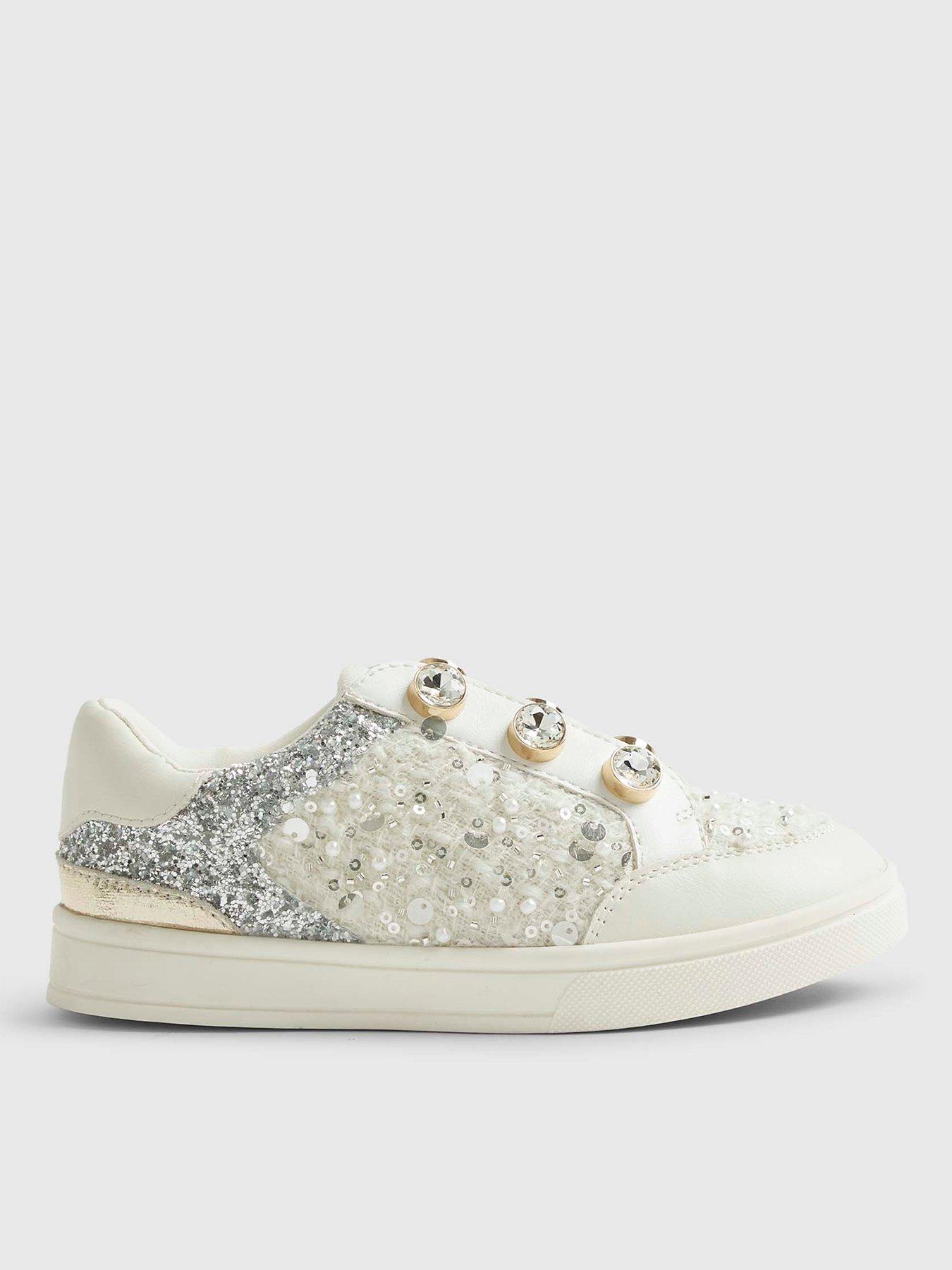 River Island Older Girls Diamante Boucle Gem Eyelet Trainers - White