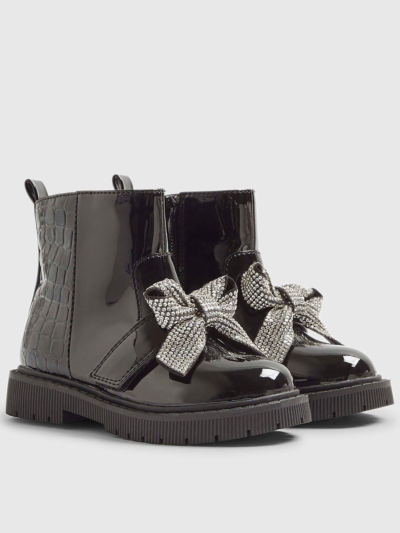Image 1 of 4 of River Island Mini Girls Changeable Bow Strap Boots - Black