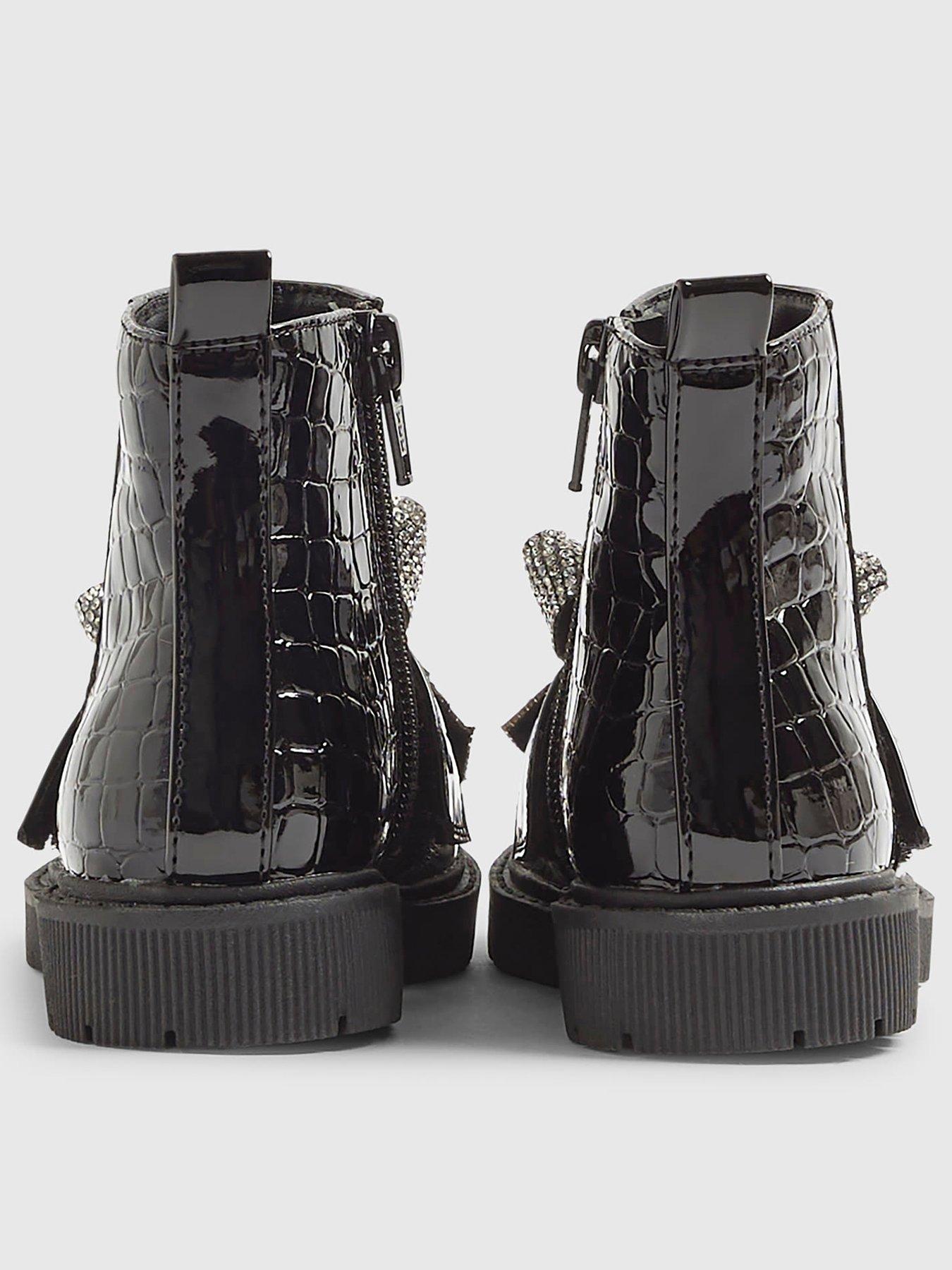 Image 3 of 4 of River Island Mini Girls Changeable Bow Strap Boots - Black