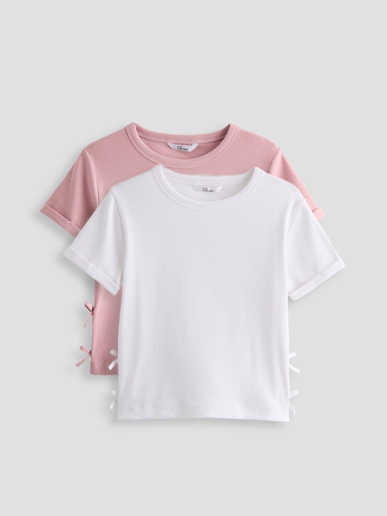 the-very-collection-girls-2-pack-side-bow-rib-t-shirts-pinkwhite
