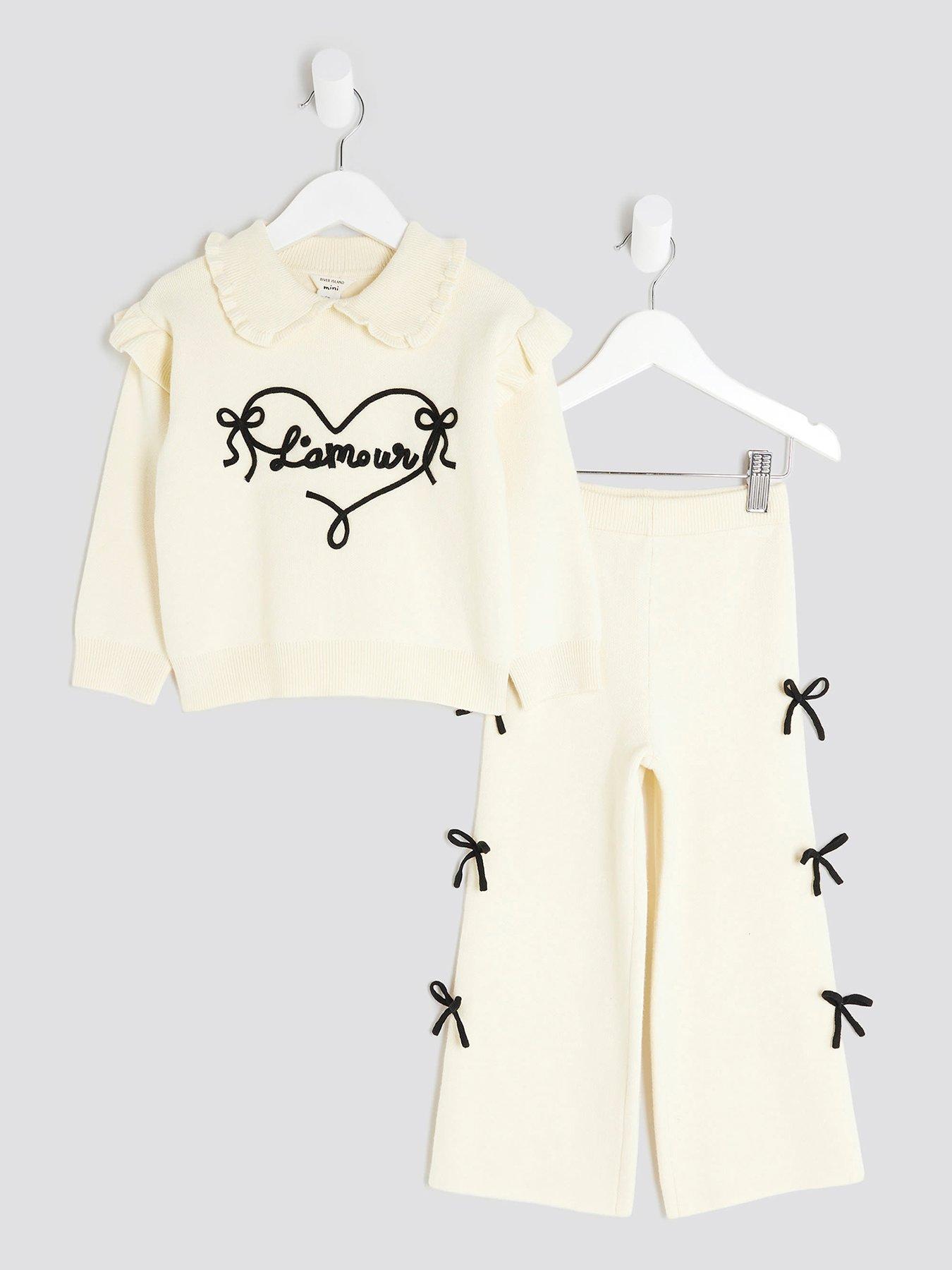 River Island Mini Girls Knit Bow Top And Trousers Set - Cream