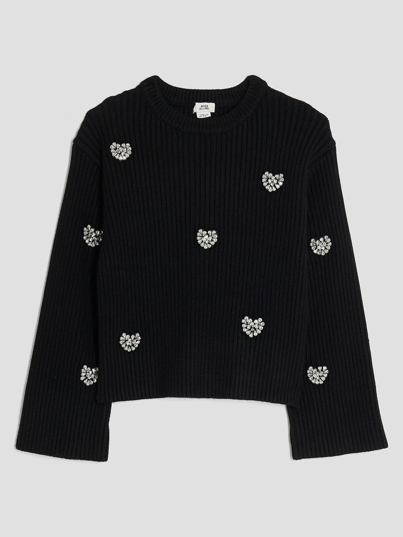 River Island Older Girls Embellished Heart Jumper - Black