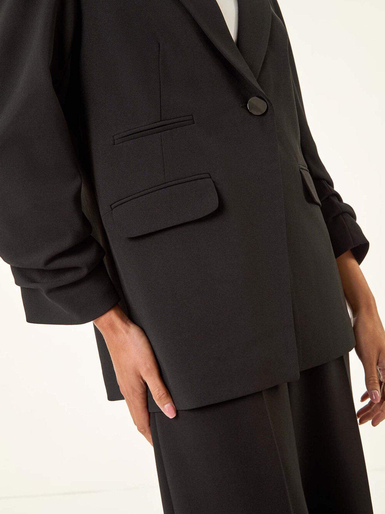 Image 5 of 5 of Roman Petite Ruched Buttoned Blazer - Black