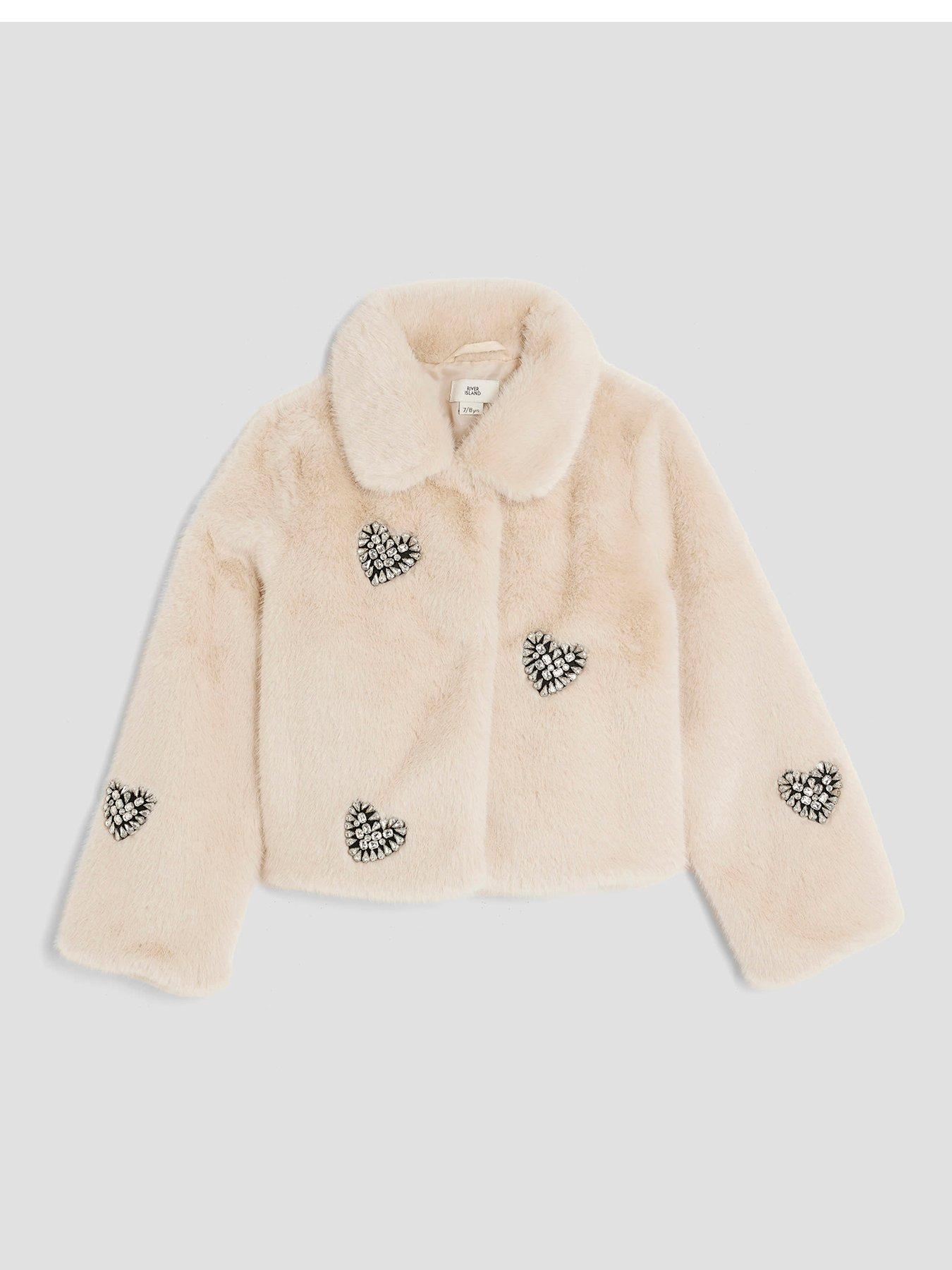 River Island Older Girls Embellished Faux Fur Heart Jacket - Cream