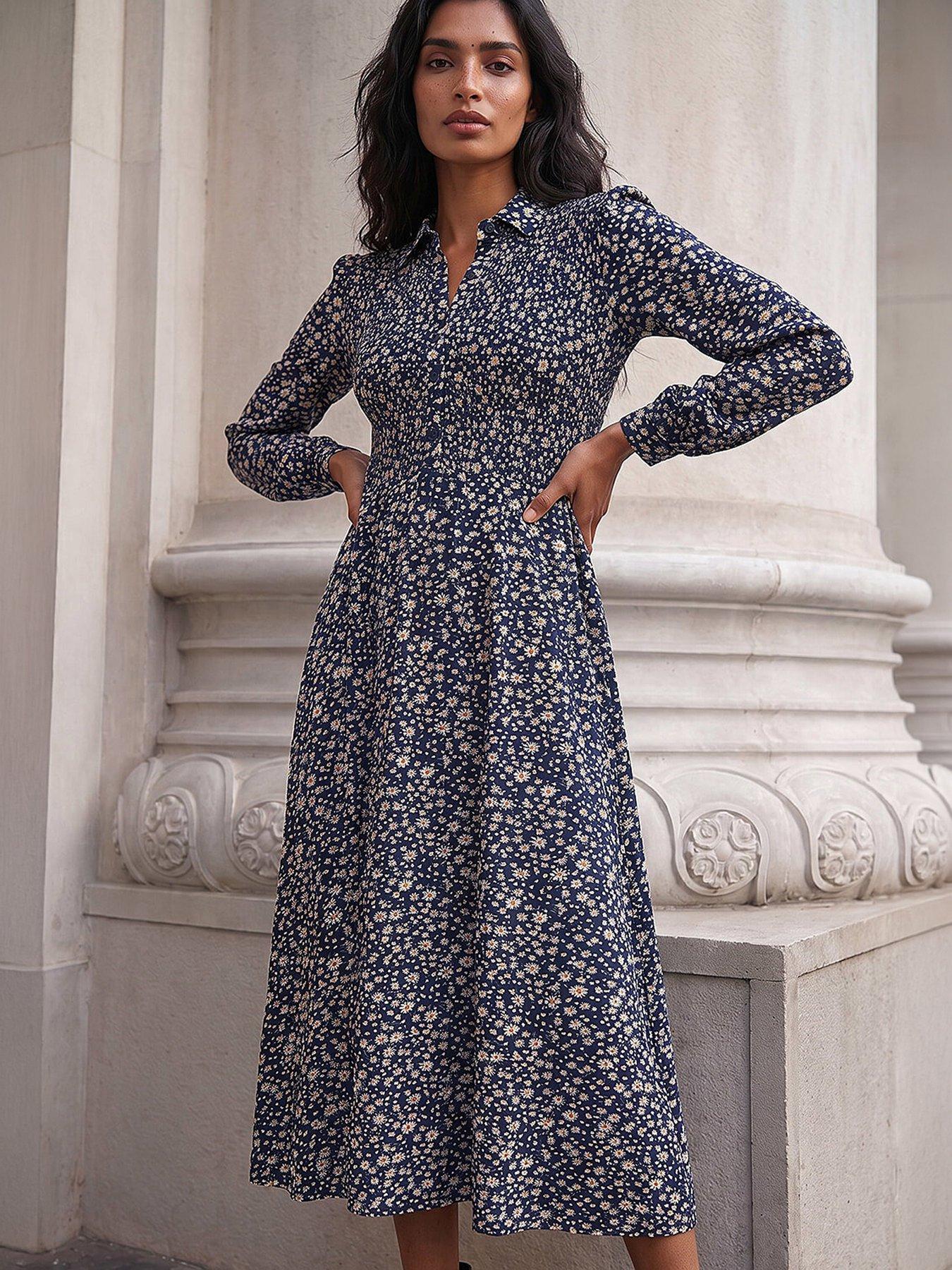 Roman Ditsy Floral Print Shirred Midi Dress - Navy