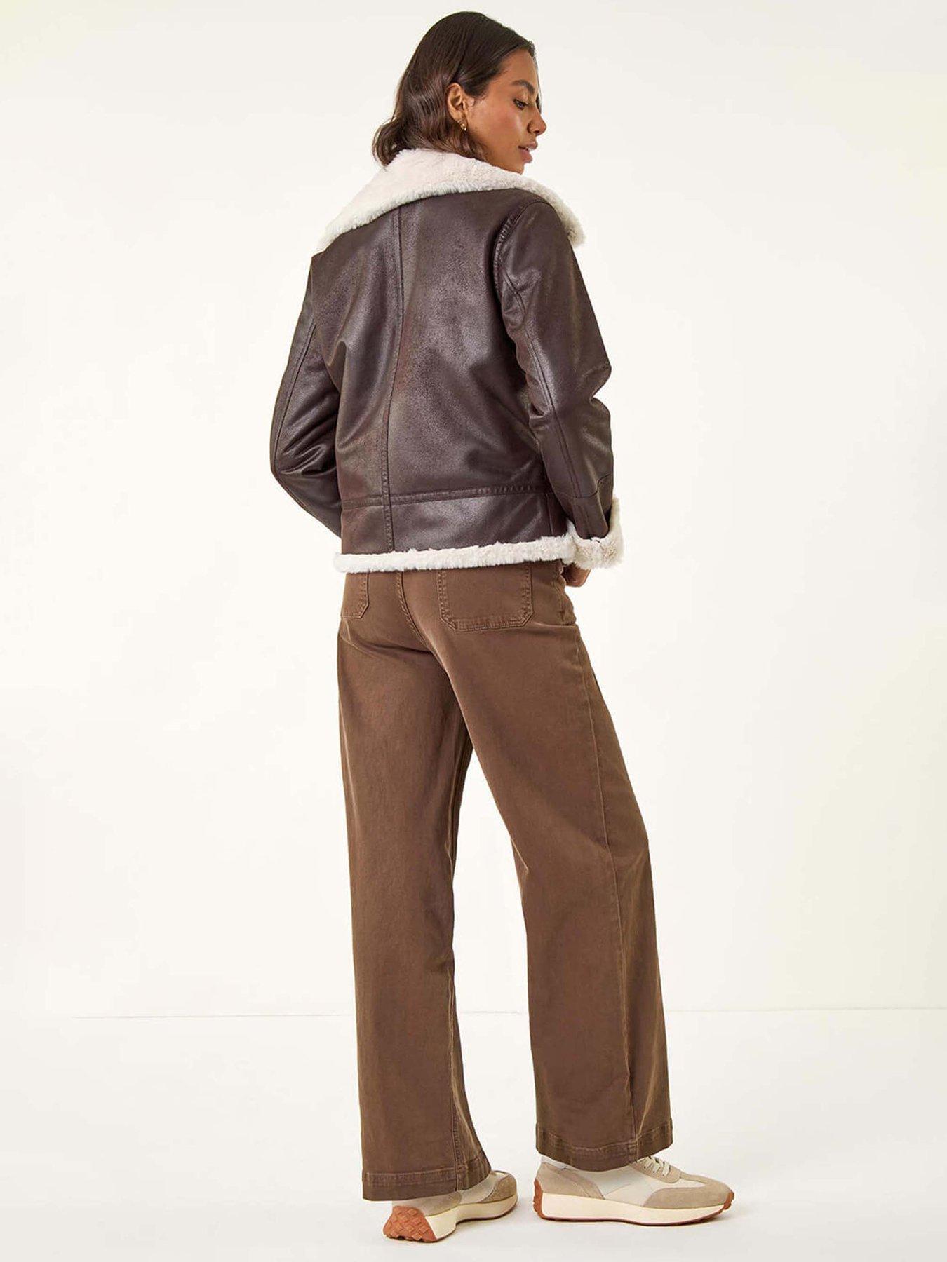 Image 2 of 5 of Roman Contrast Aviator Fur Coat - Brown