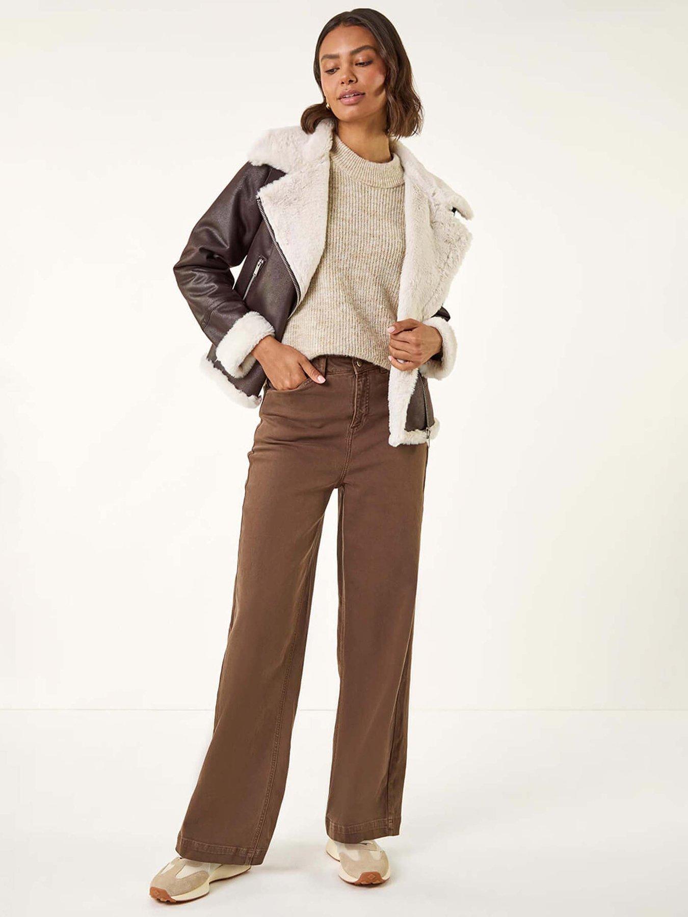 Image 3 of 5 of Roman Contrast Aviator Fur Coat - Brown