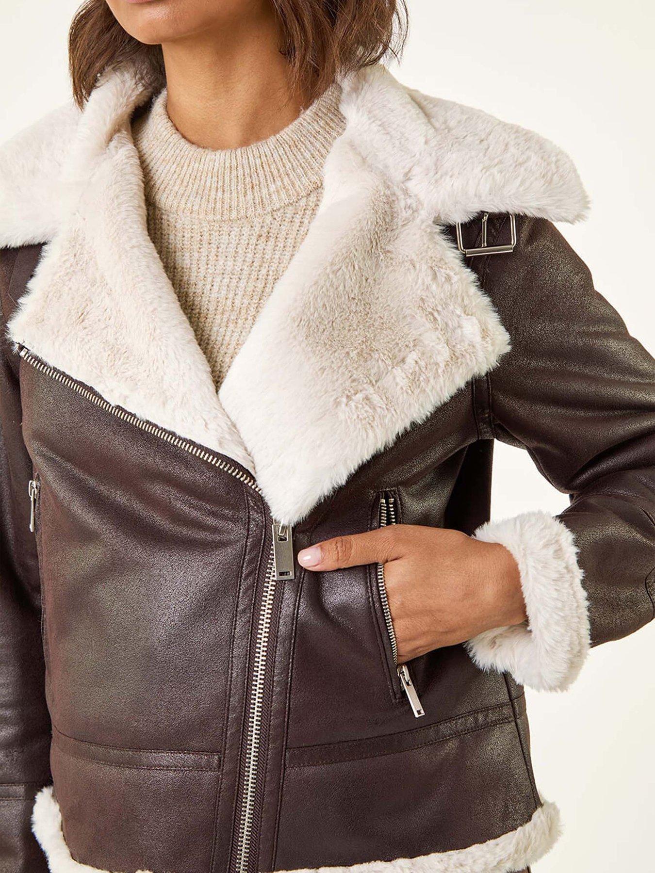Image 5 of 5 of Roman Contrast Aviator Fur Coat - Brown