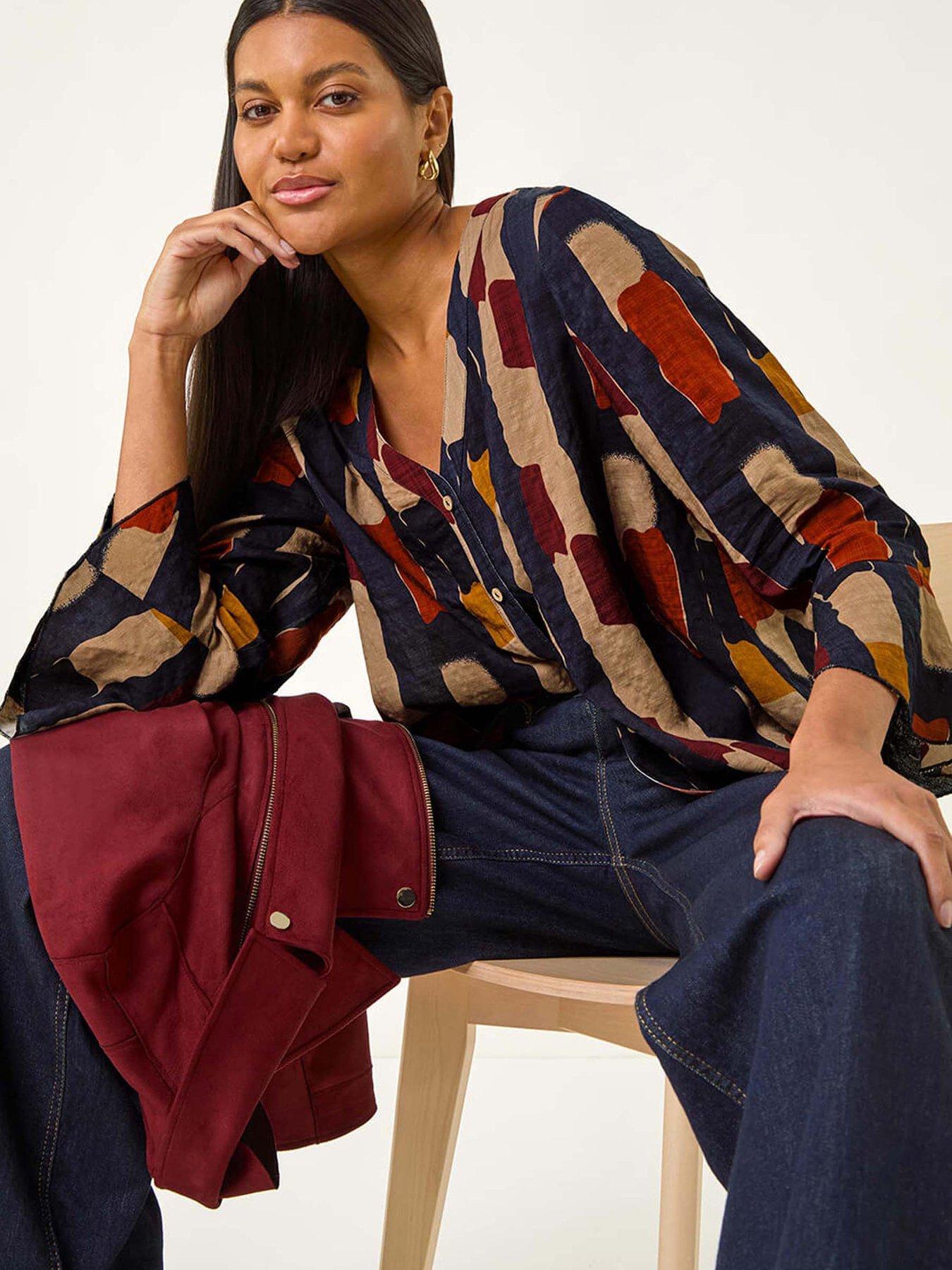 roman-abstract-print-buttoned-blouse-navyoutfit