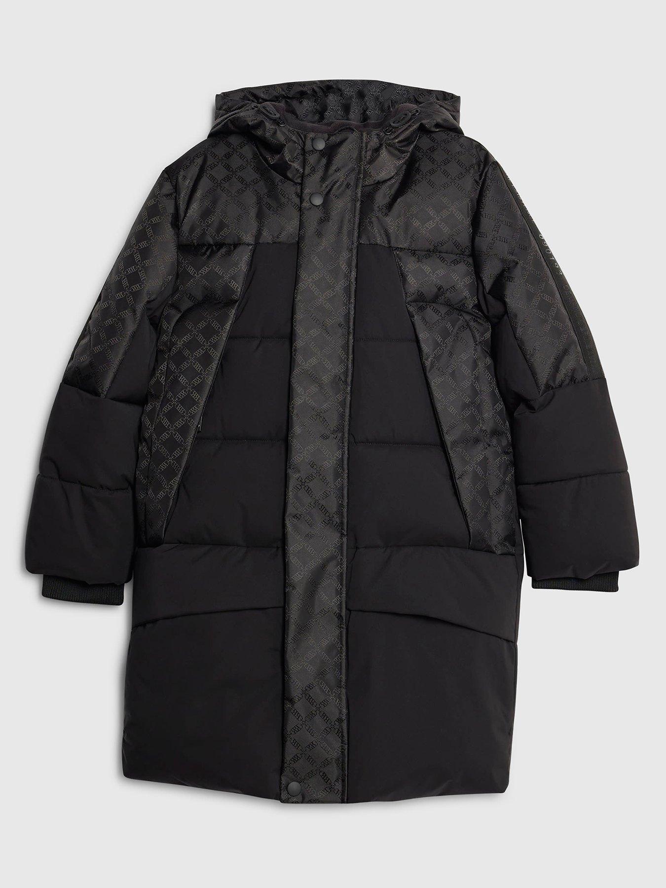 River Island Mini Boys Monogram Blocked Longline Puffer Coat - Black