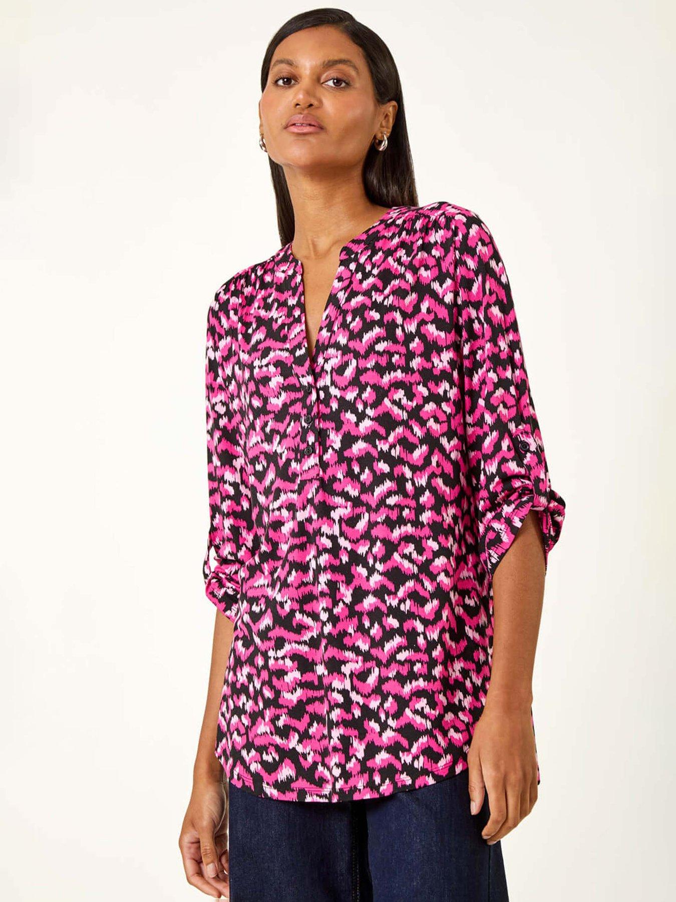 Image 1 of 5 of Roman Abstract Print Pintuck Tunic Top - Pink