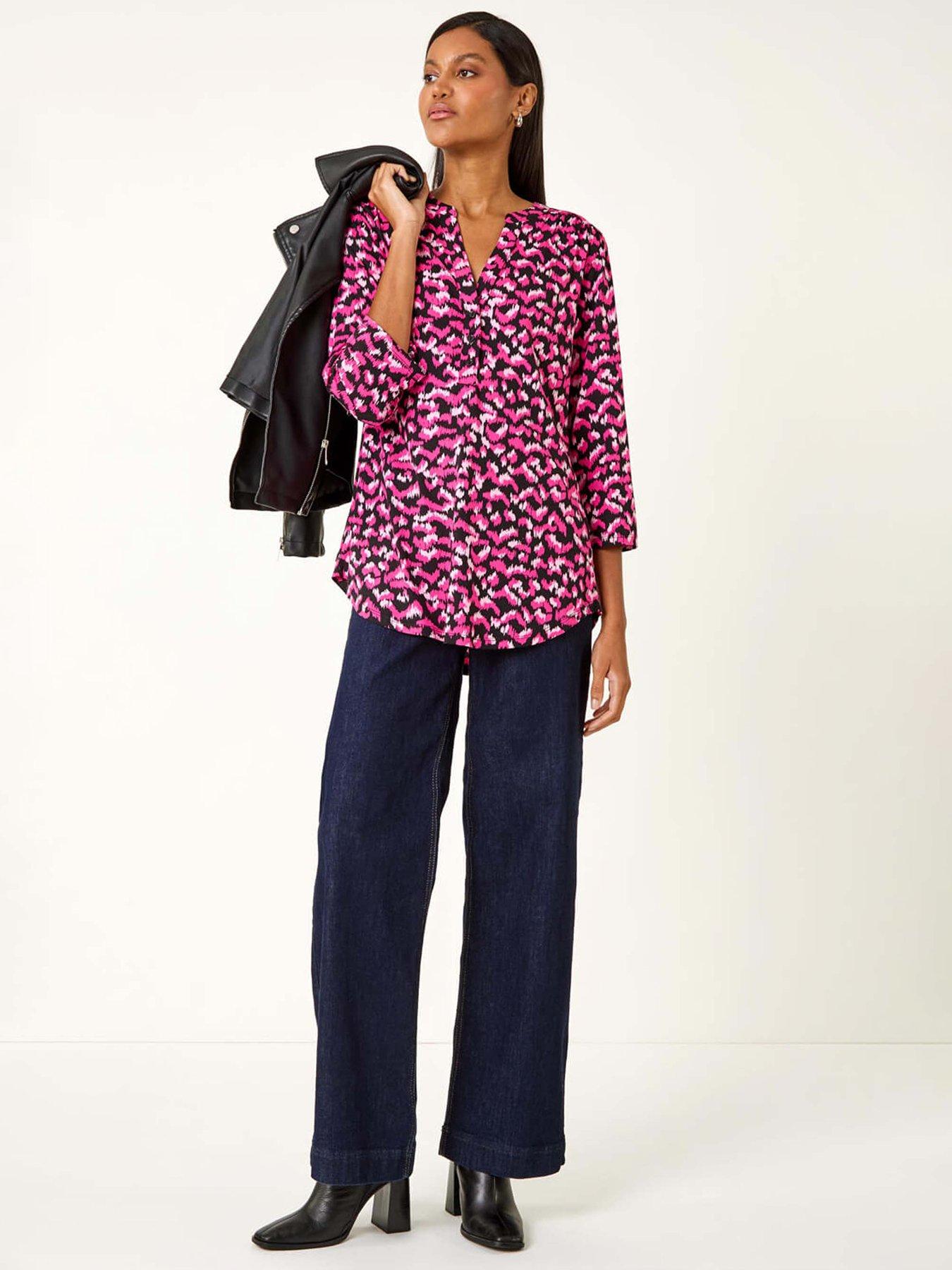 Image 3 of 5 of Roman Abstract Print Pintuck Tunic Top - Pink